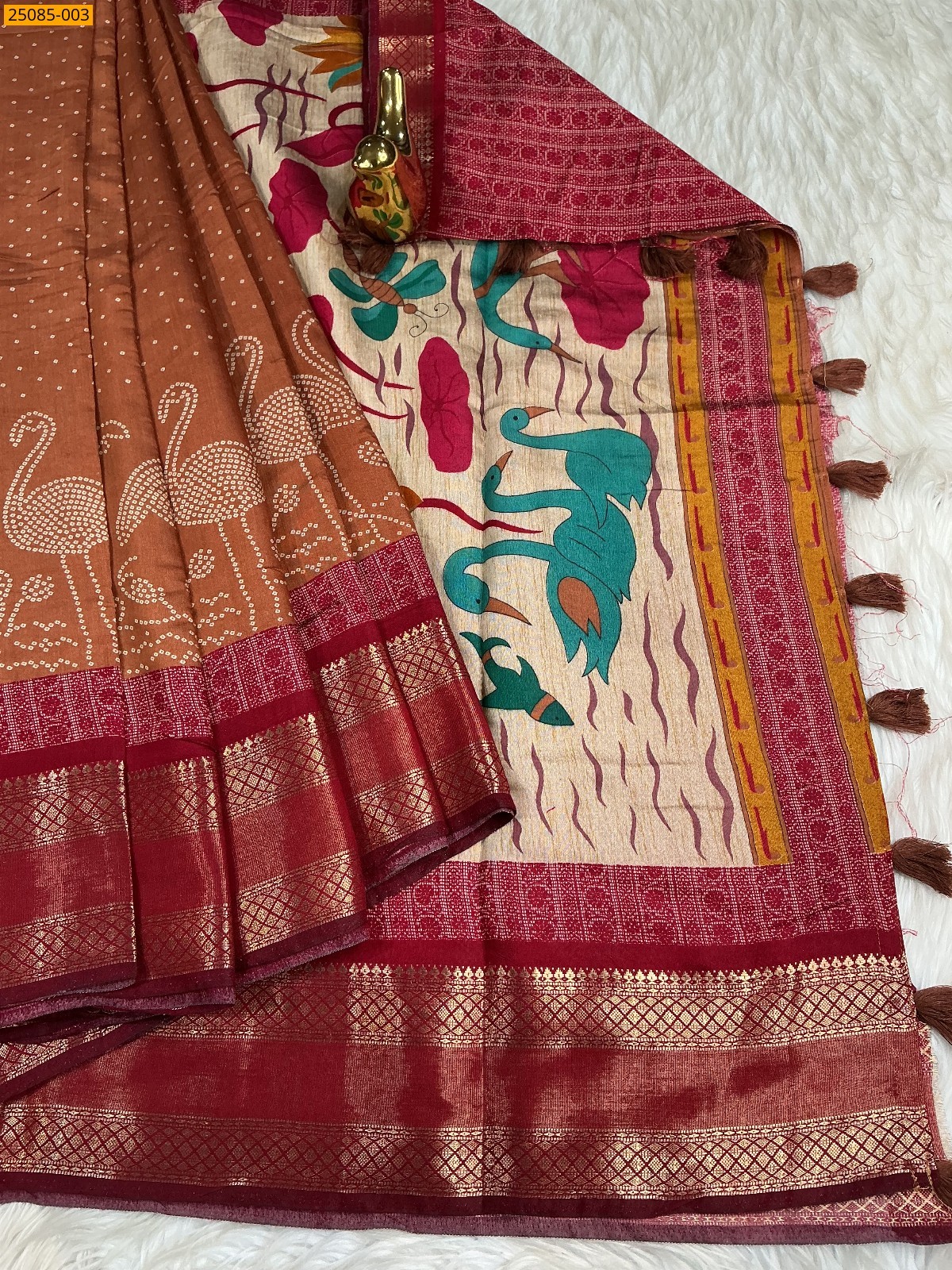 Orange Fancy dotts mulmul silk Saree