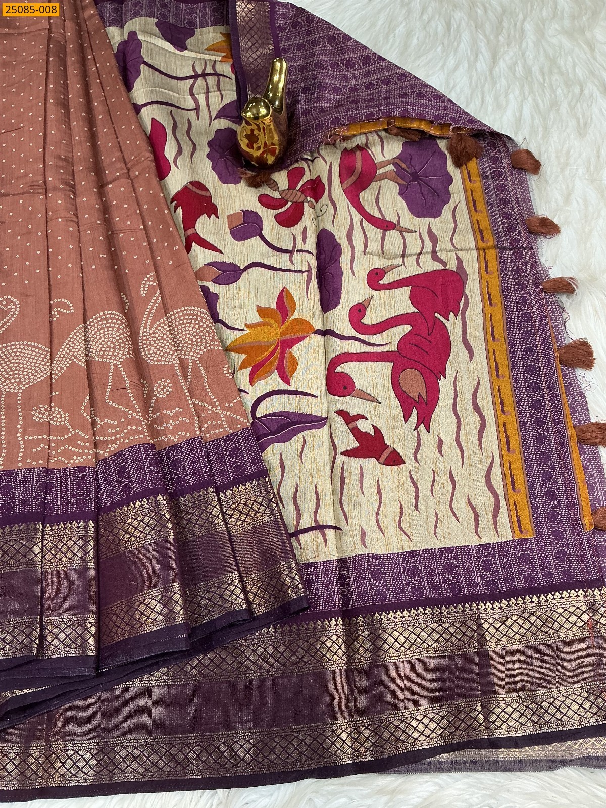 Brown Fancy dotts mulmul silk Saree