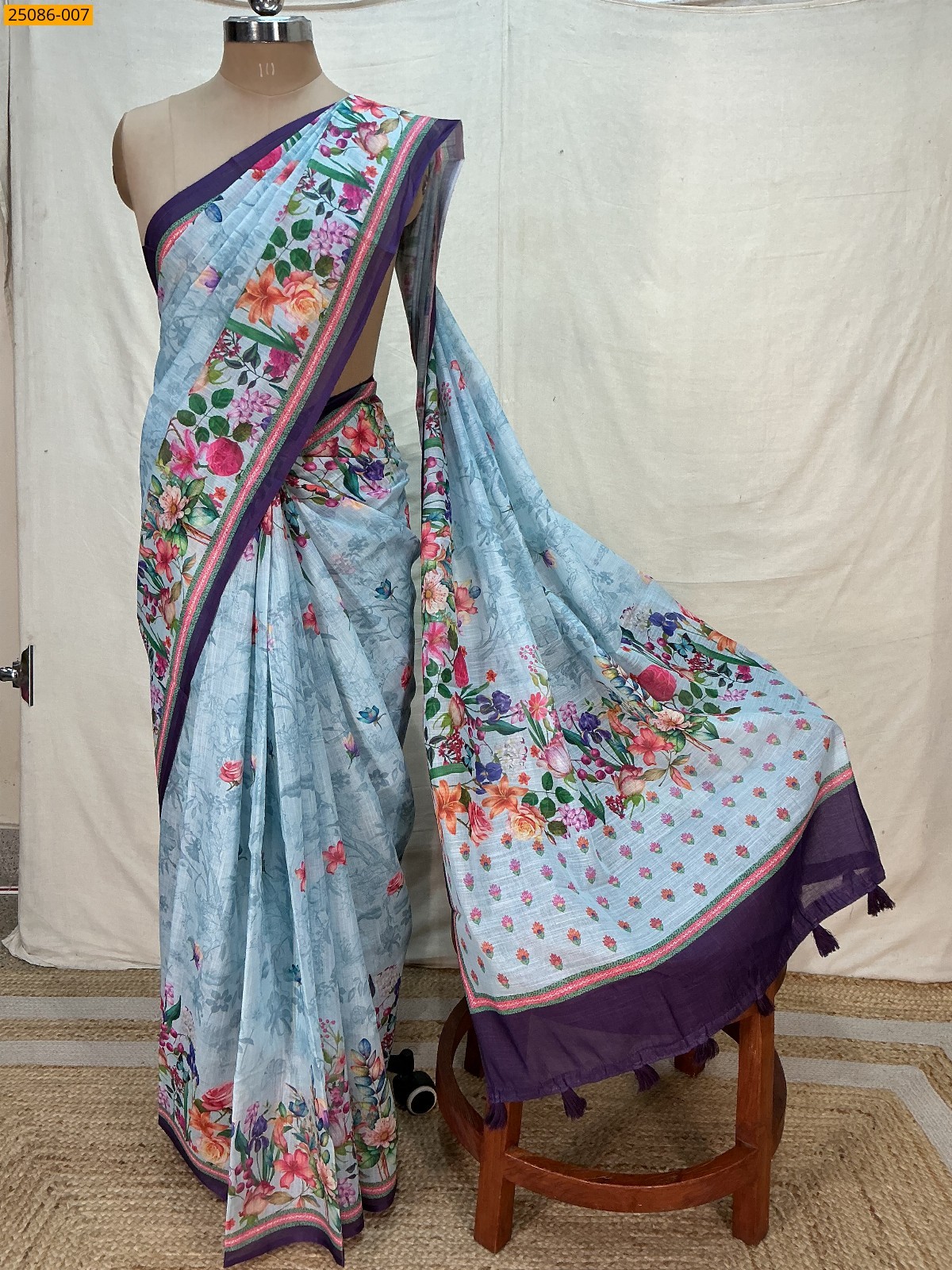 Beige Fancy Linen floral printed saree