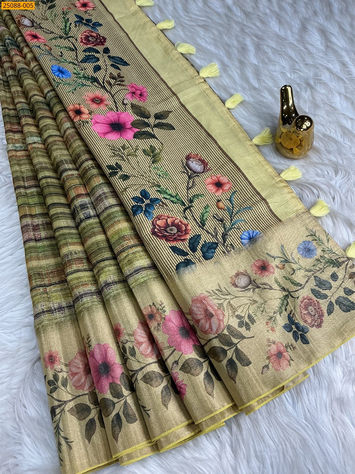 Olive Green Fancy Crush Silk Saree