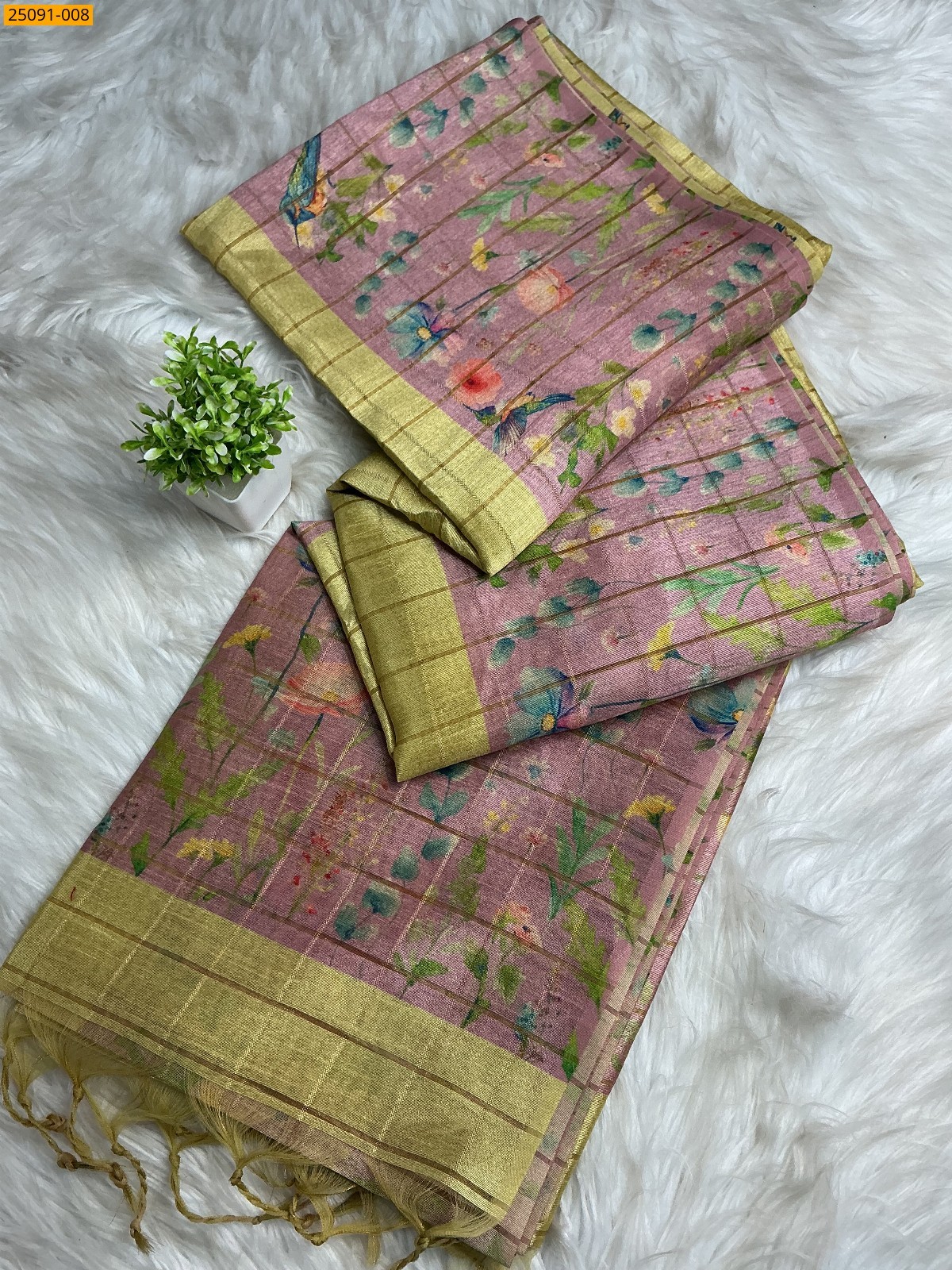 Olive Green Fancy Chanderi Checked Silk Saree