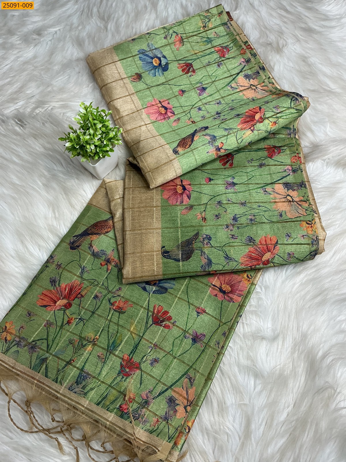 Beige Fancy Chanderi Checked Silk Saree