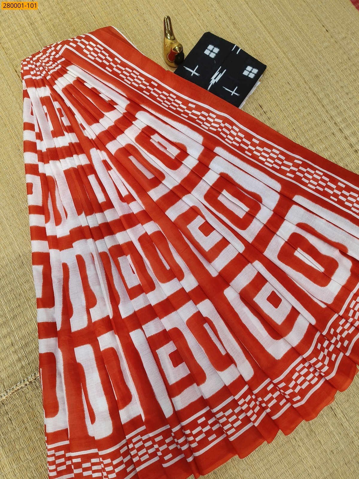 Orange Pure Mulmul cotton Sarees