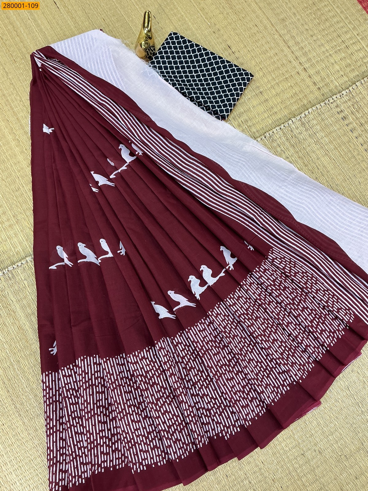 Maroon Pure Mulmul cotton Sarees