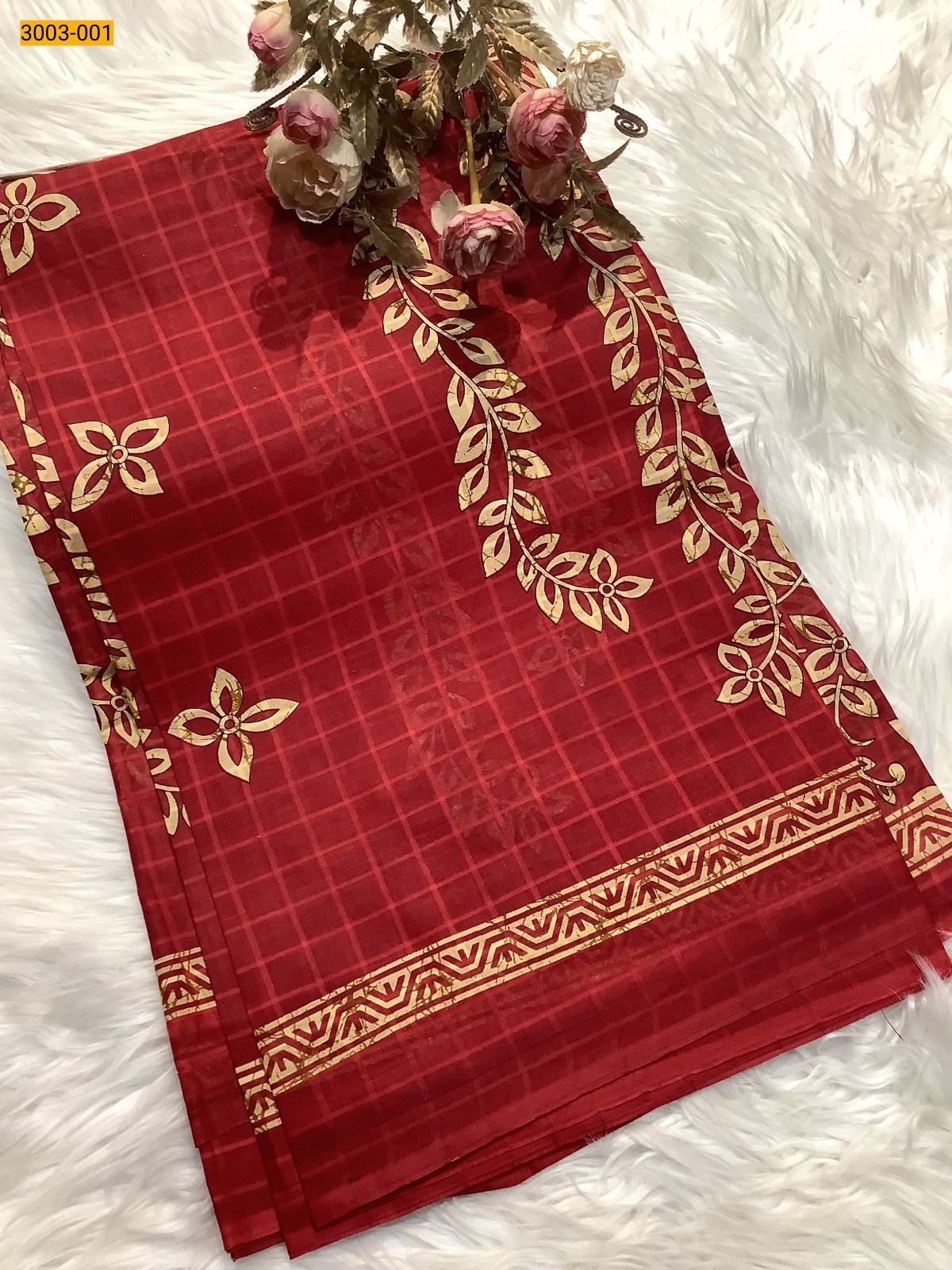 Maroon Checked Voil Cotton Saree