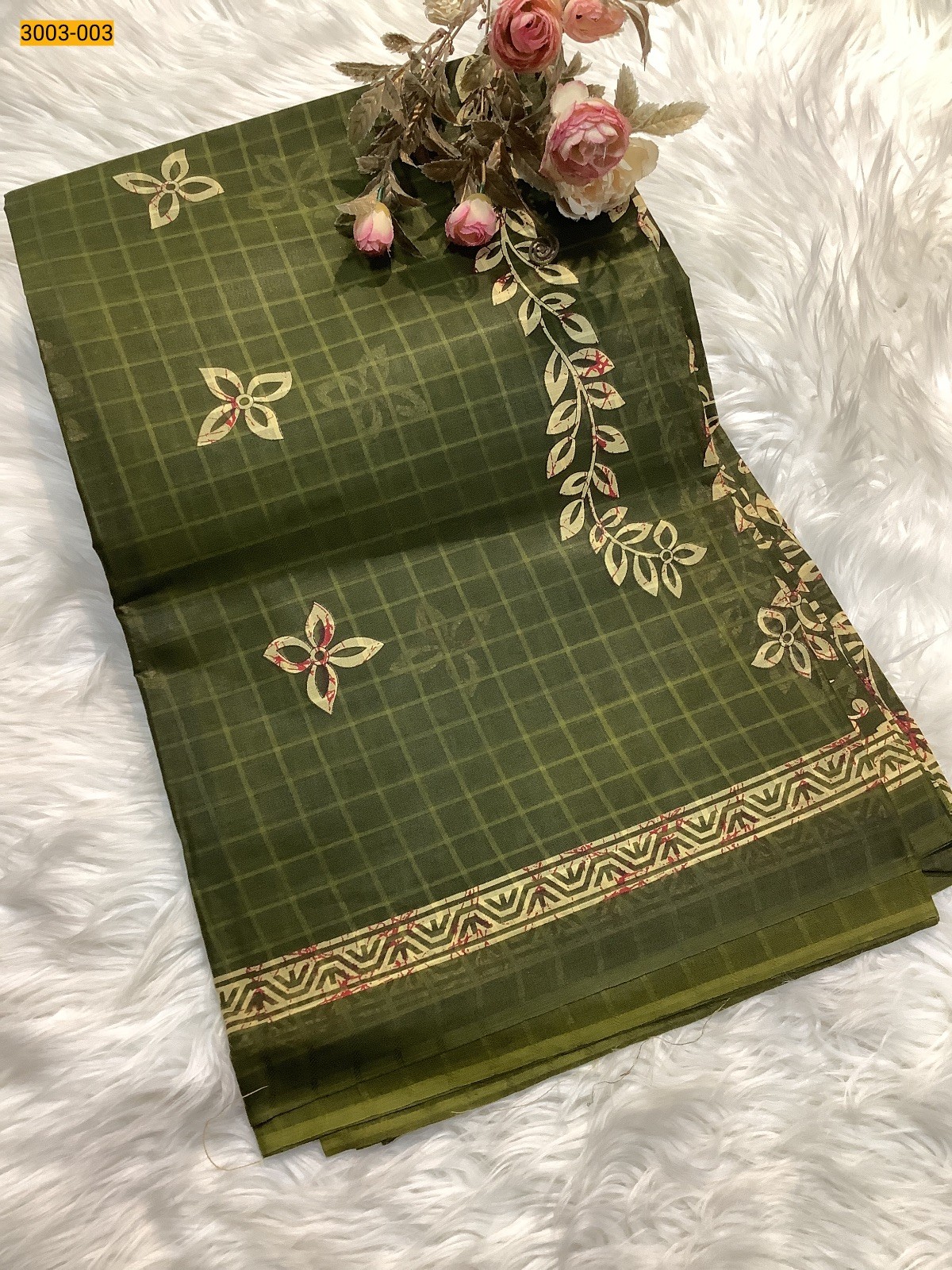 Green Checked Voil Cotton Saree