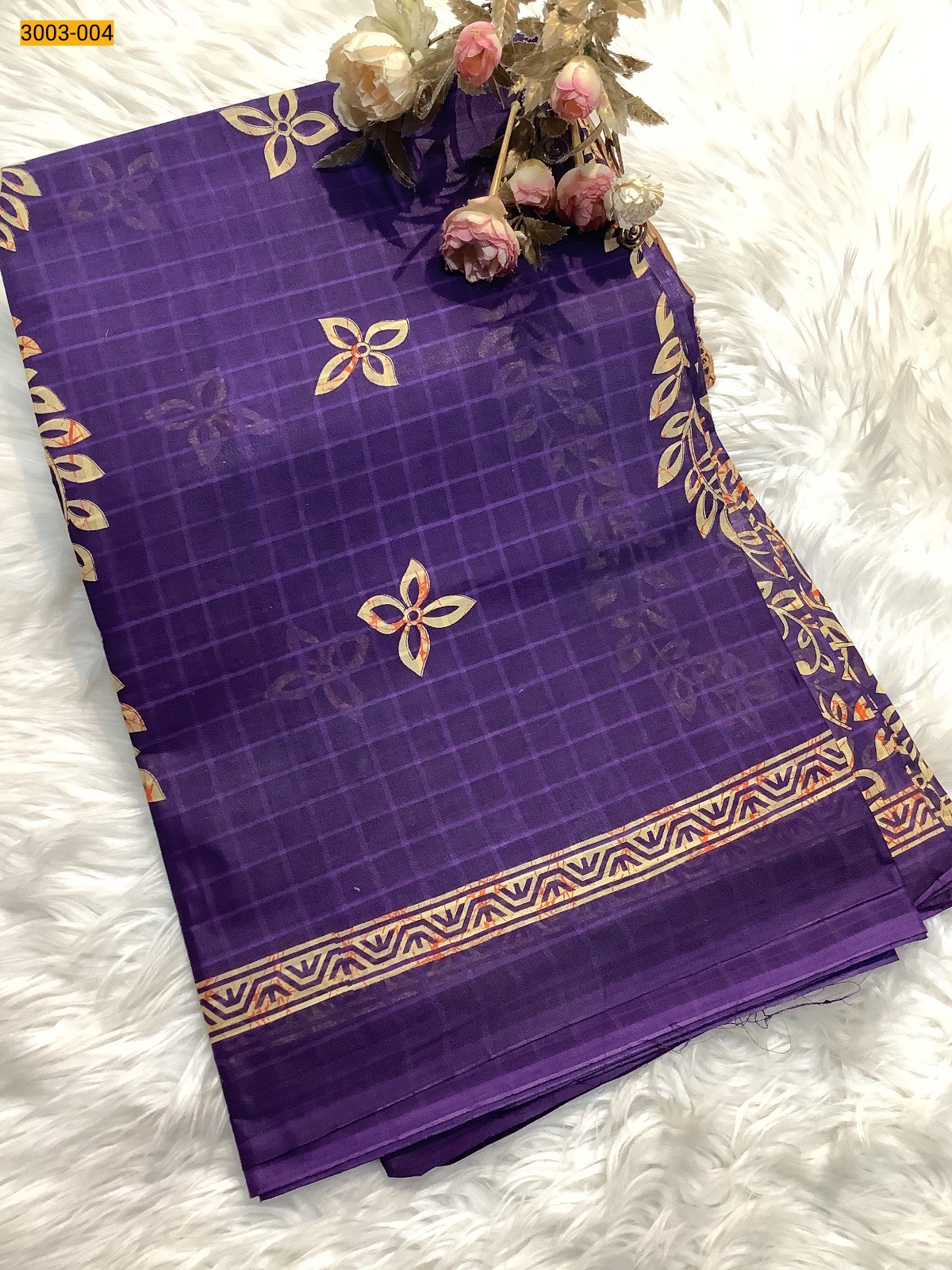 Violet Checked Voil Cotton Saree