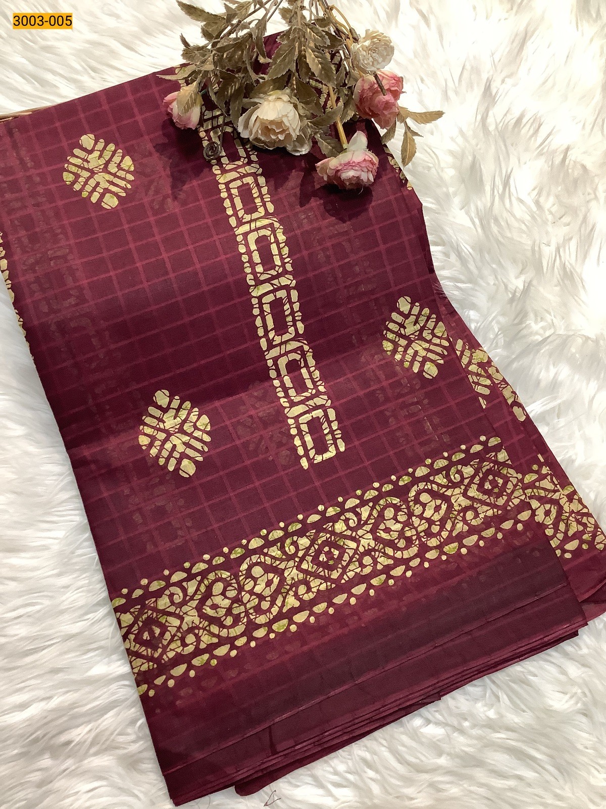 Brown Checked Voil Cotton Saree