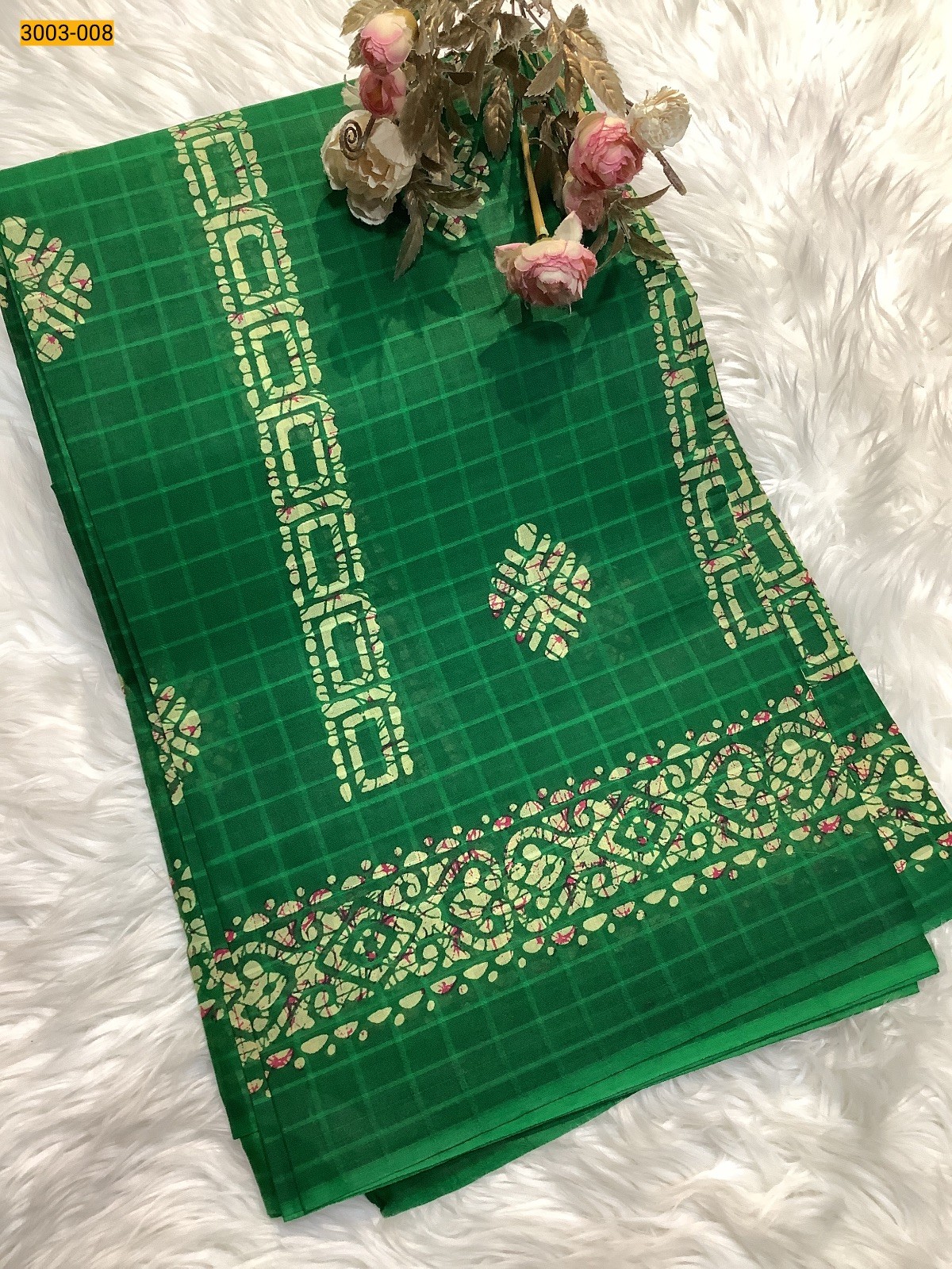 Green Checked Voil Cotton Saree