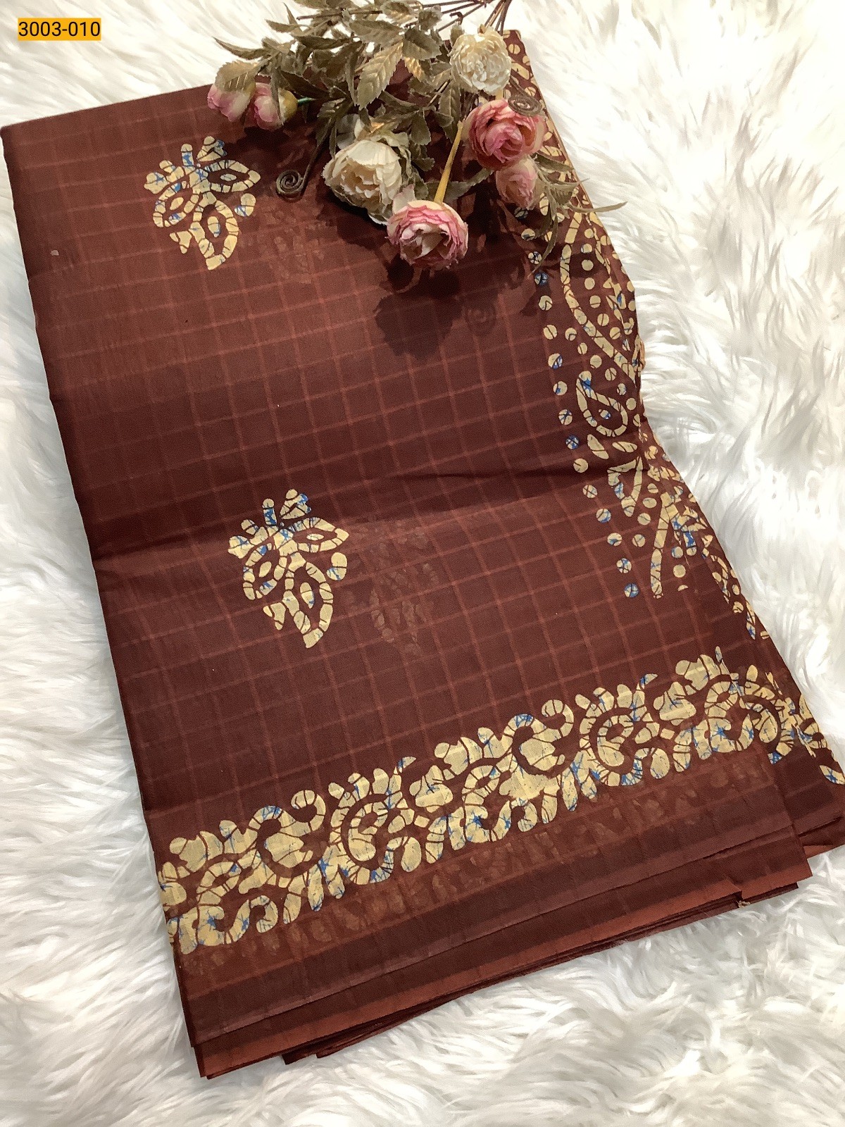 Brown Checked Voil Cotton Saree