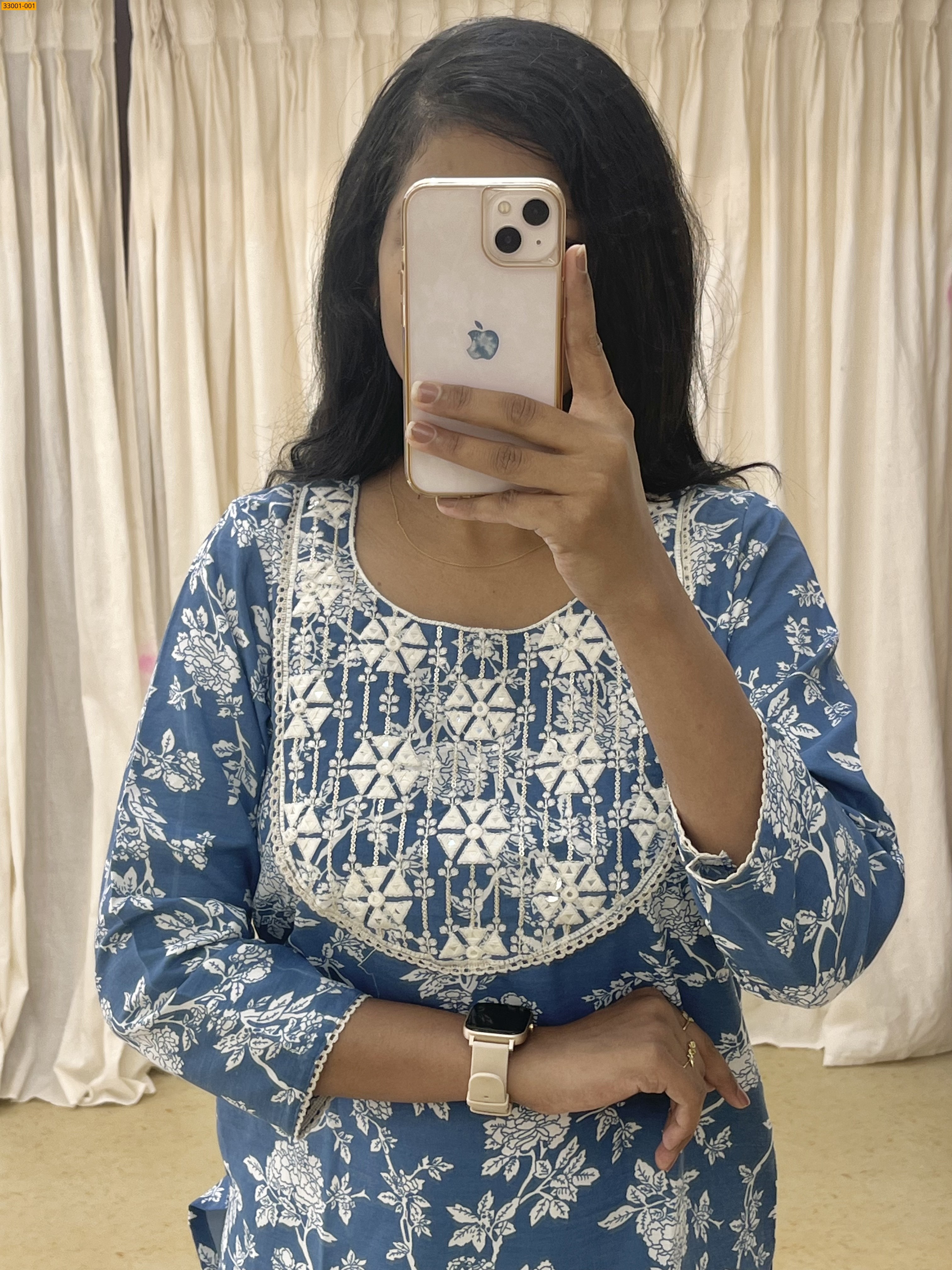 Blue Embroidered Blended Cotton Kurti