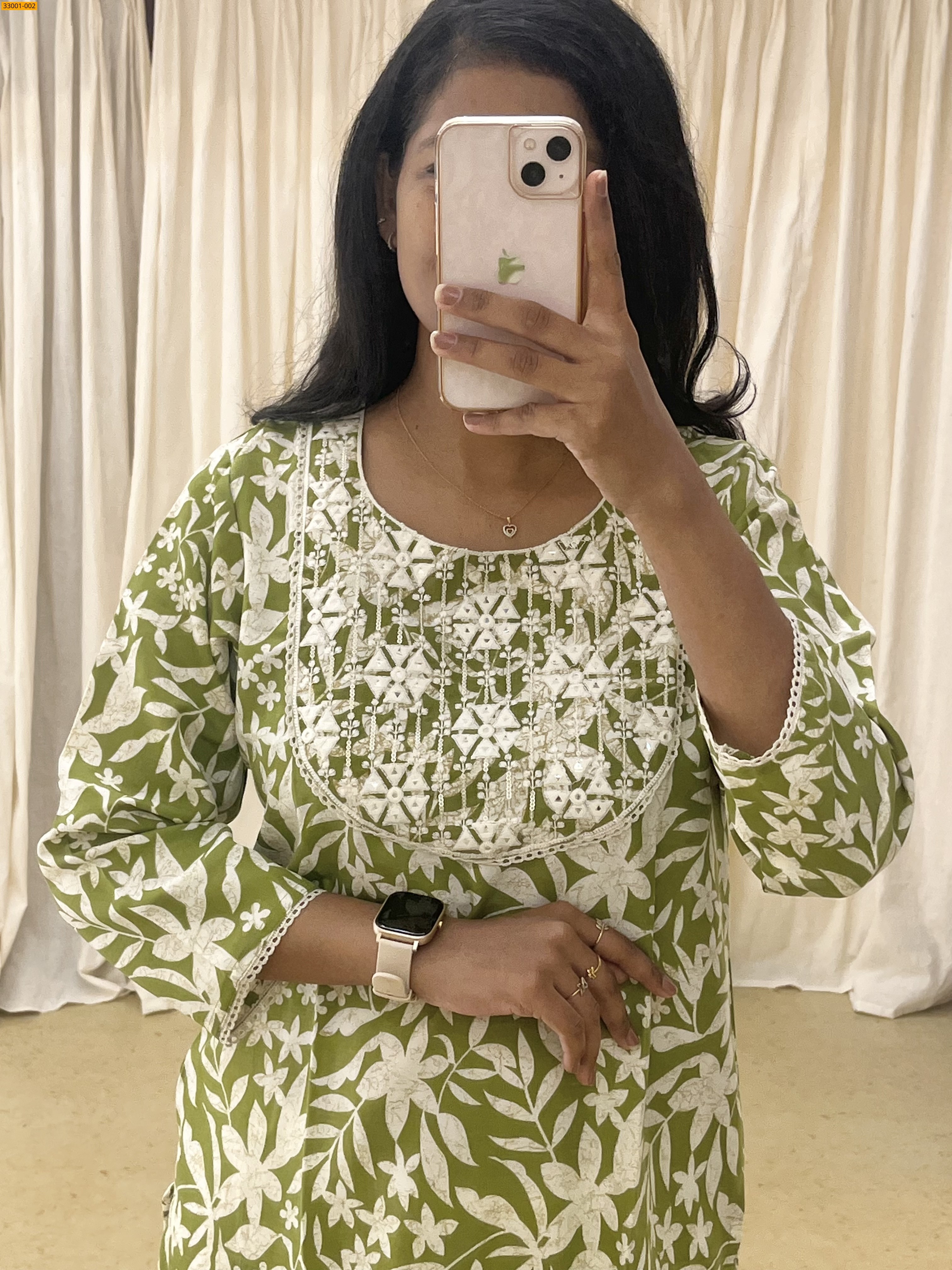 Green Embroidered Blended Cotton Kurti