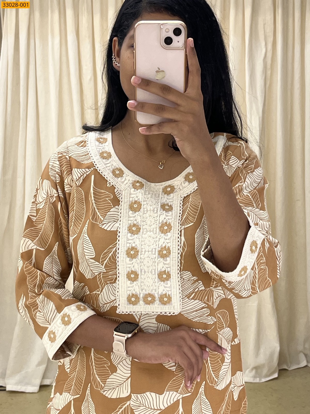 Brown Lace Work Rayon Cotton Kurti