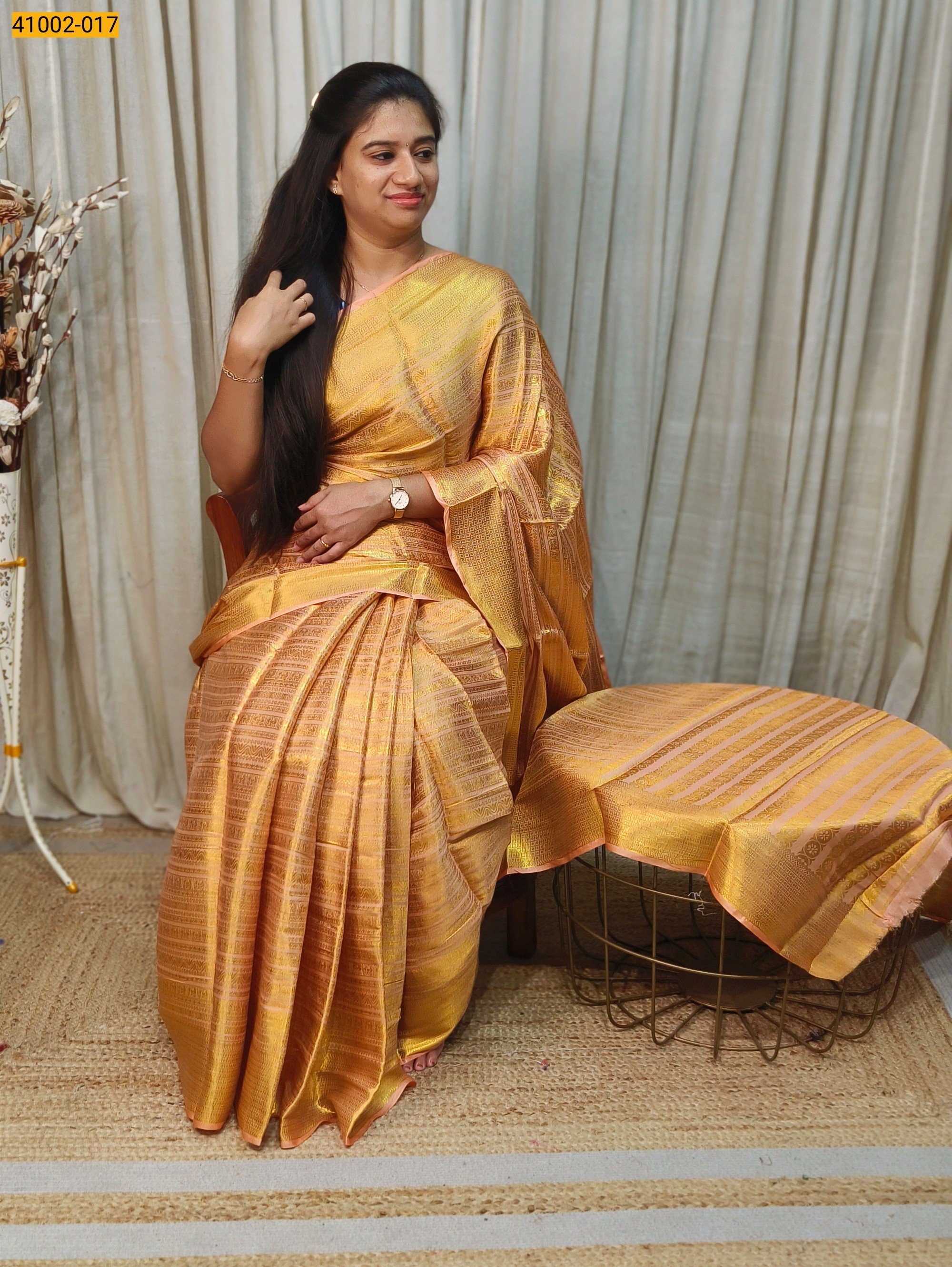 Orange Fancy Mysore Warm Silk Checked Saree