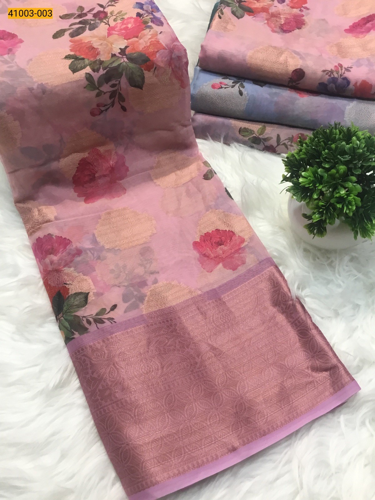 Light Pink Digital Printed Organza Chiffon Silk Saree