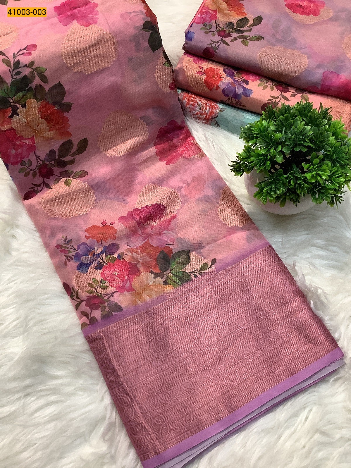 Baby Pink Digital Printed Organza Chiffon Silk Saree