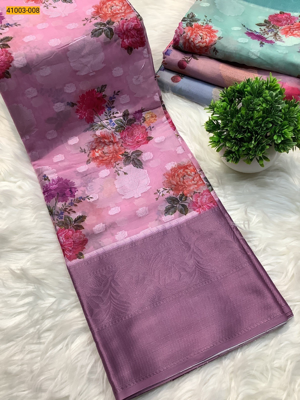 Purple Digital Printed Organza Chiffon Silk Saree