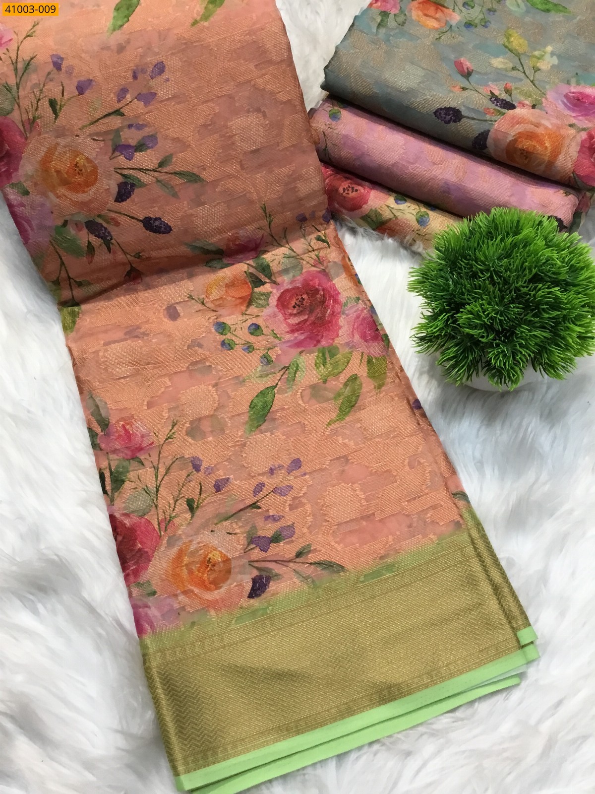 Orange Digital Printed Organza Chiffon Silk Saree