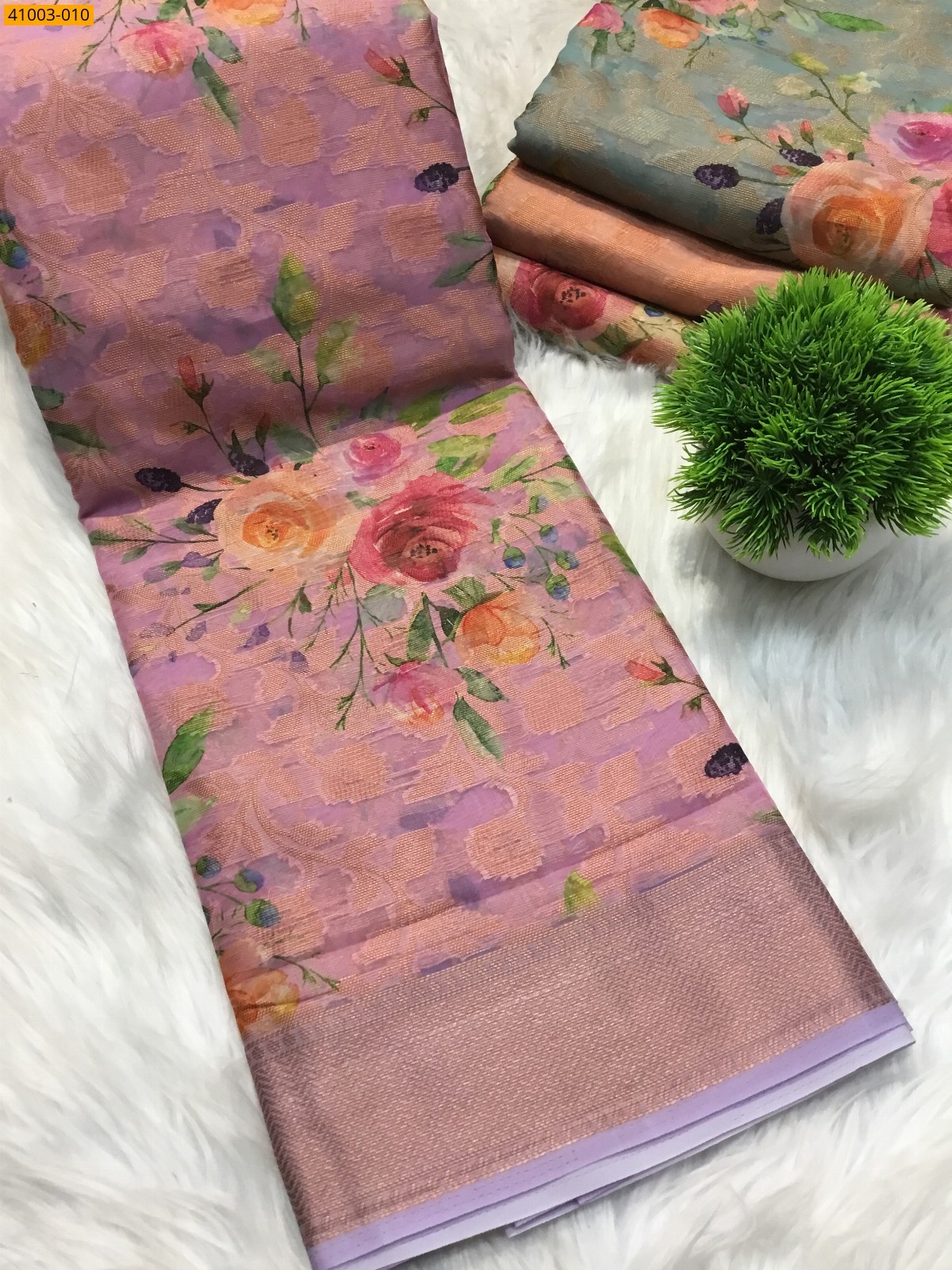 Light Pink Digital Printed Organza Chiffon Silk Saree