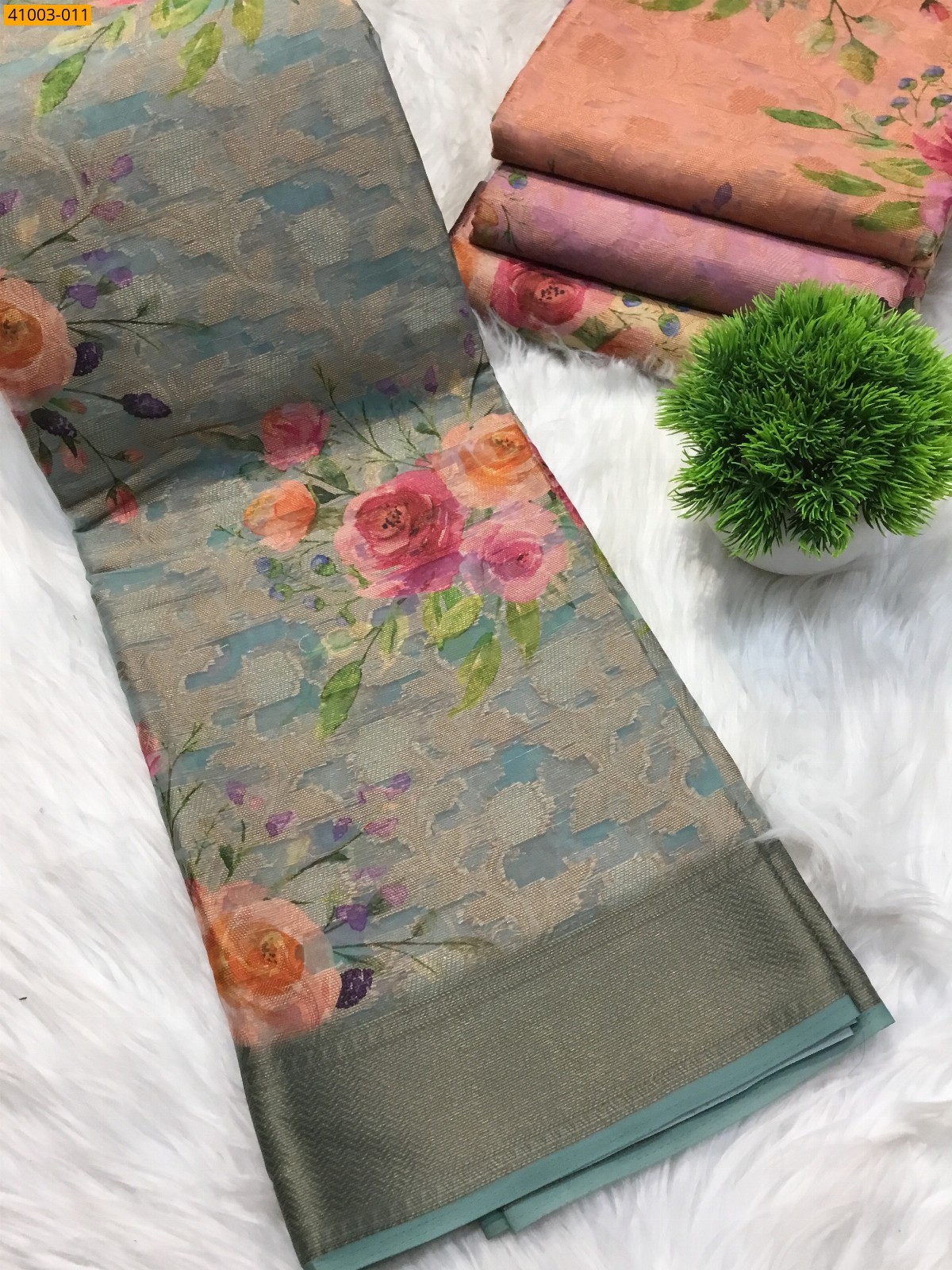 Light Green Digital Printed Organza Chiffon Silk Saree