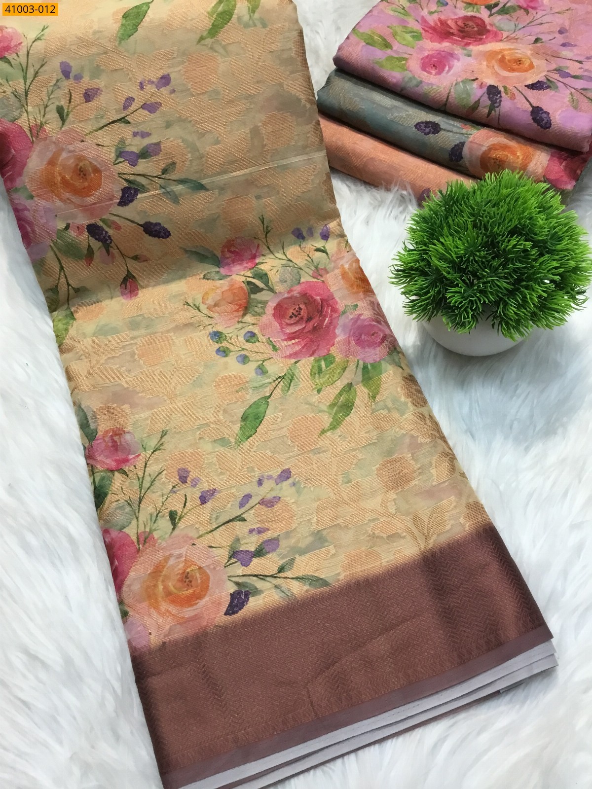 Light Yellow Digital Printed Organza Chiffon Silk Saree