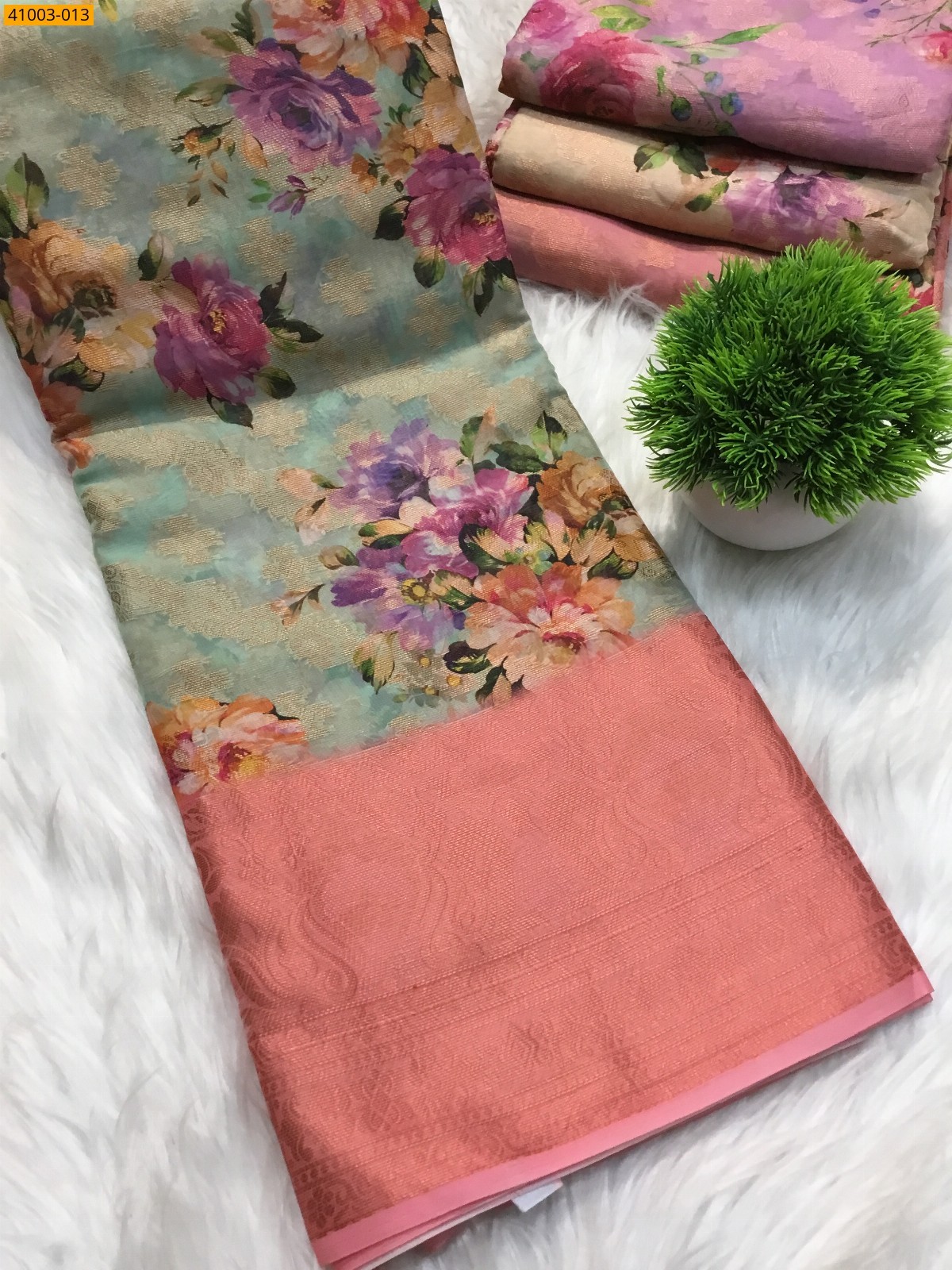Green Digital Printed Organza Chiffon Silk Saree
