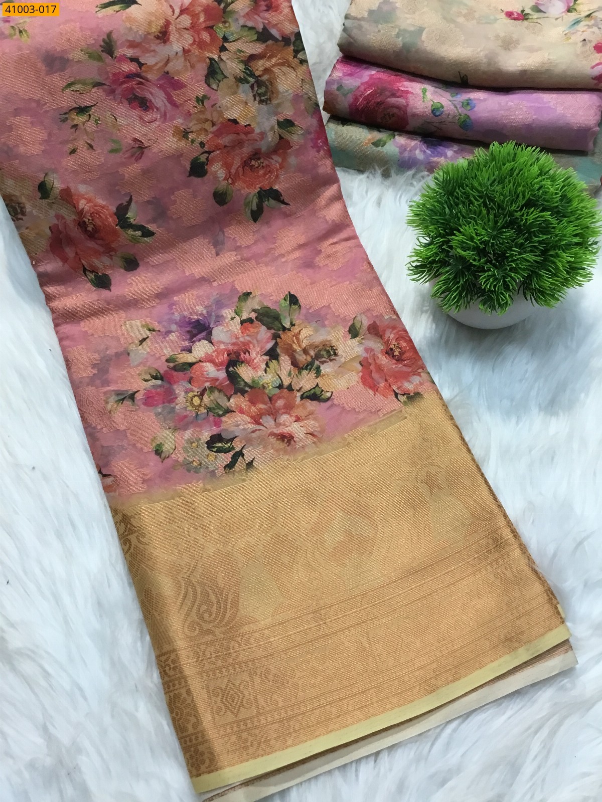 Pink Digital Printed Organza Chiffon Silk Saree