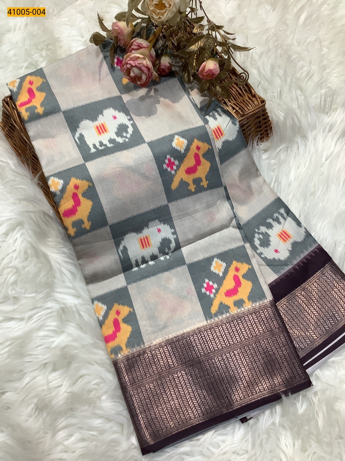 Sandal Pochampally Printed Dola Silk Saree