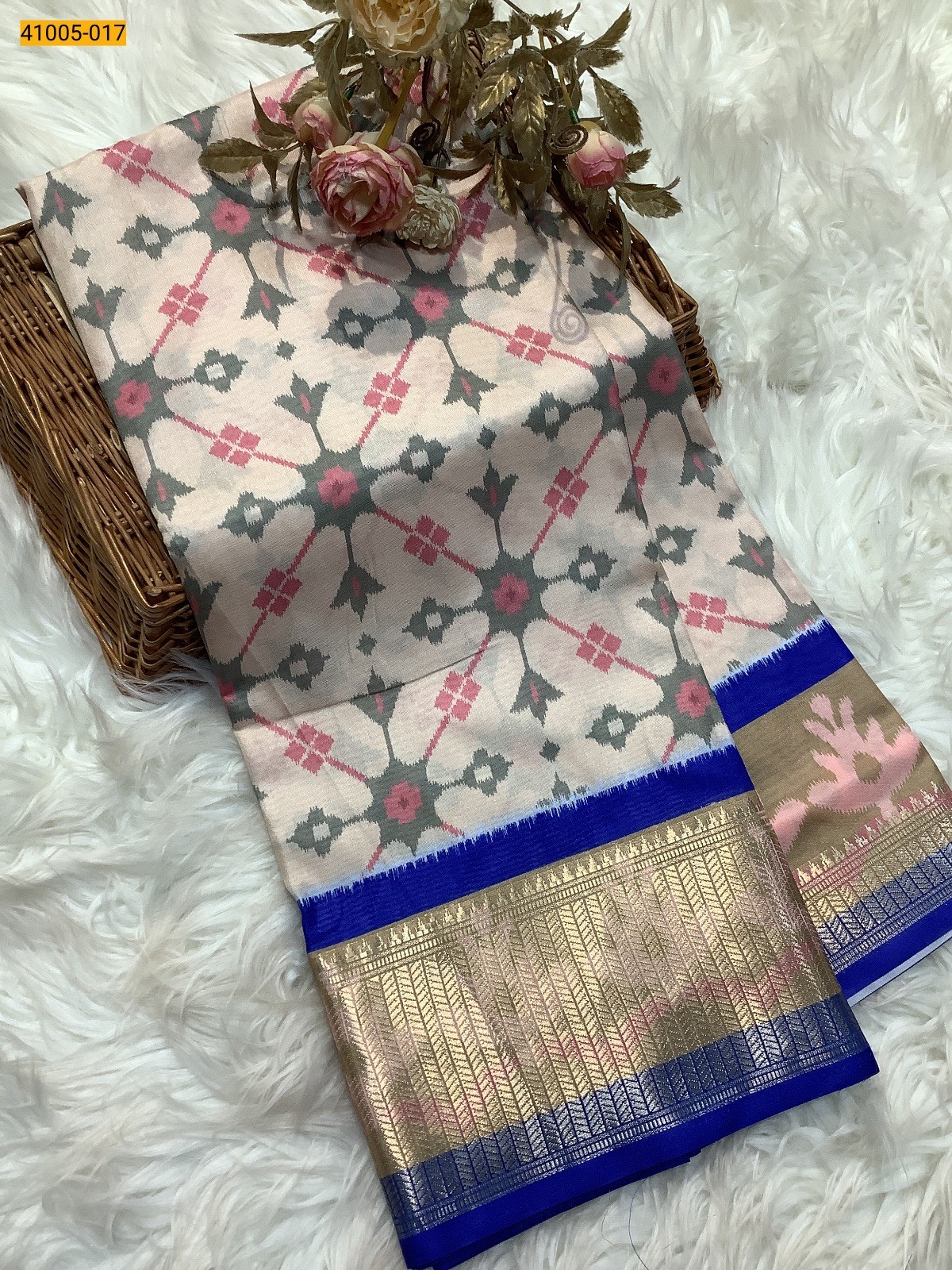 Cream Pochampally Printed Dola Silk Saree