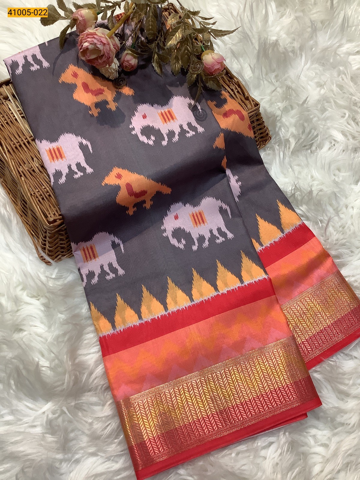 Brown Pochampally Printed Dola Silk Saree