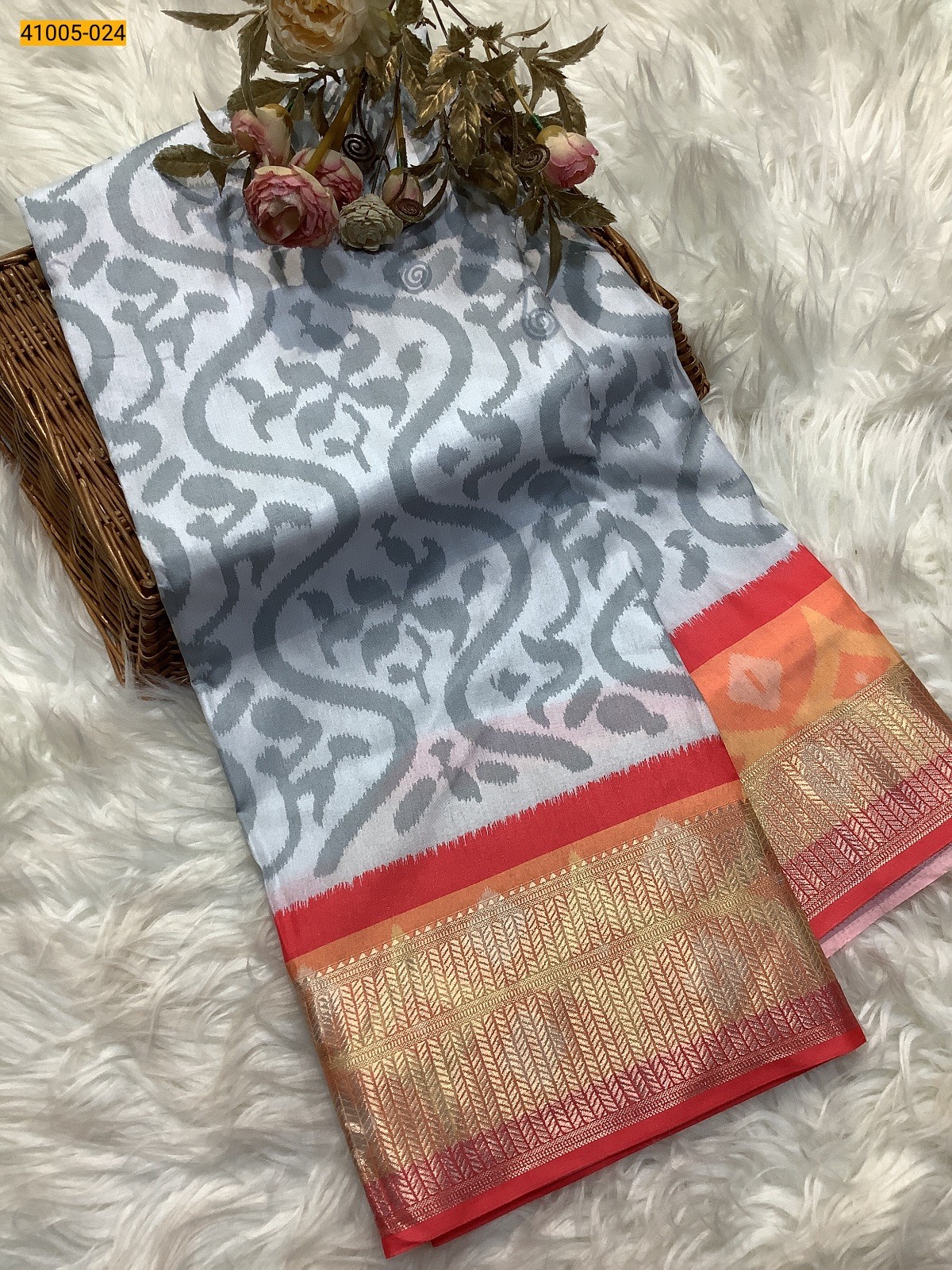 Gray Pochampally Printed Dola Silk Saree