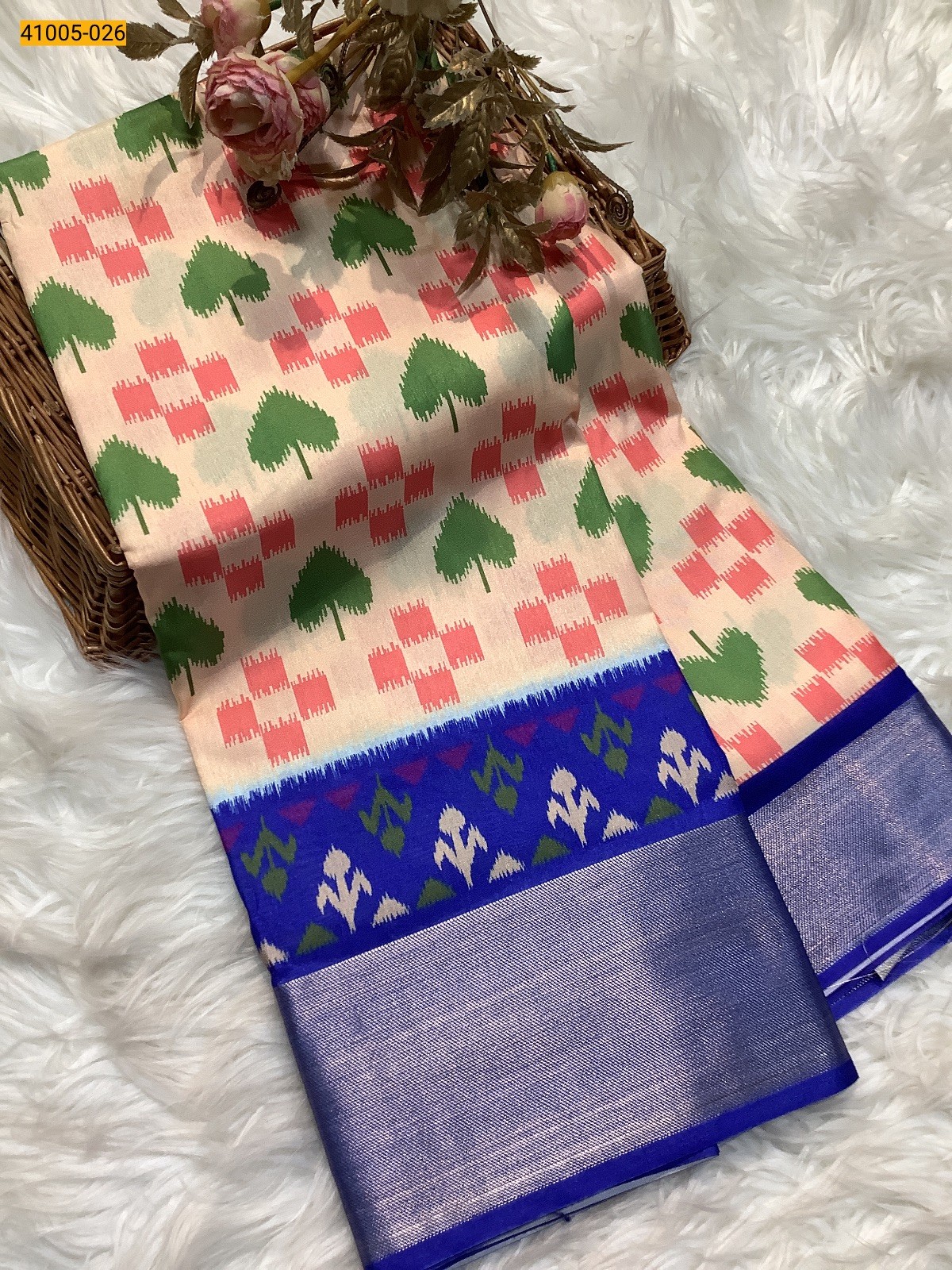 Cream Pochampally Printed Dola Silk Saree