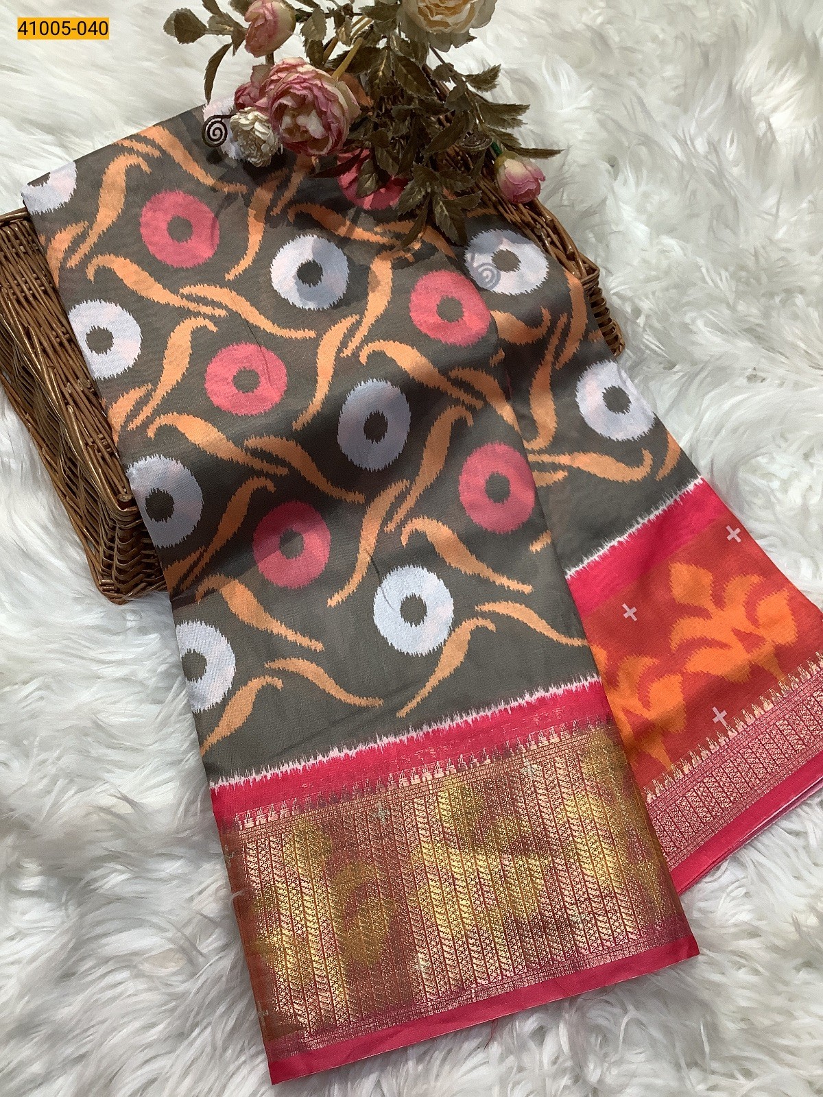 Brown Pochampally Printed Dola Silk Saree