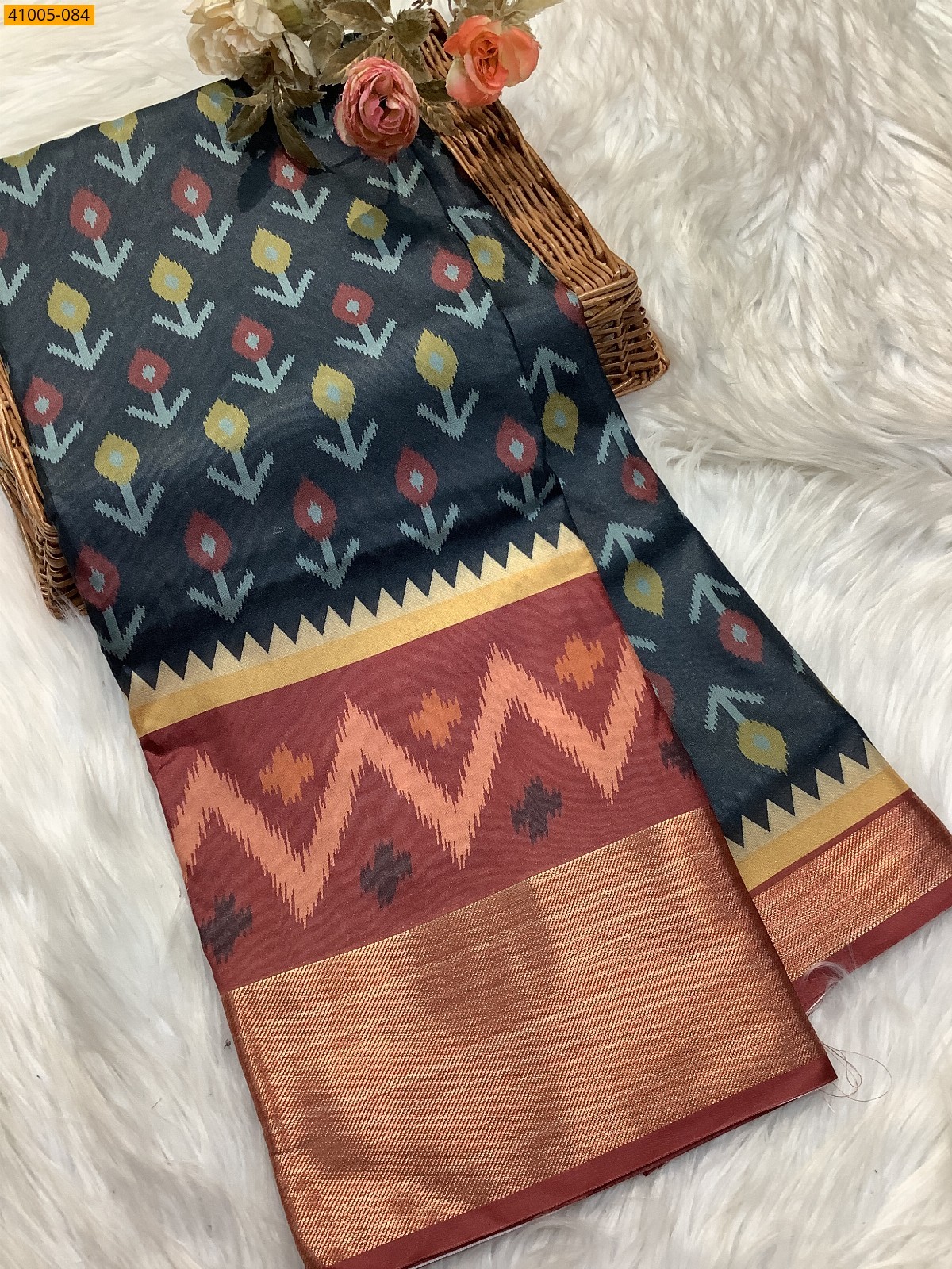 Black Pochampally Printed Dola Silk Saree