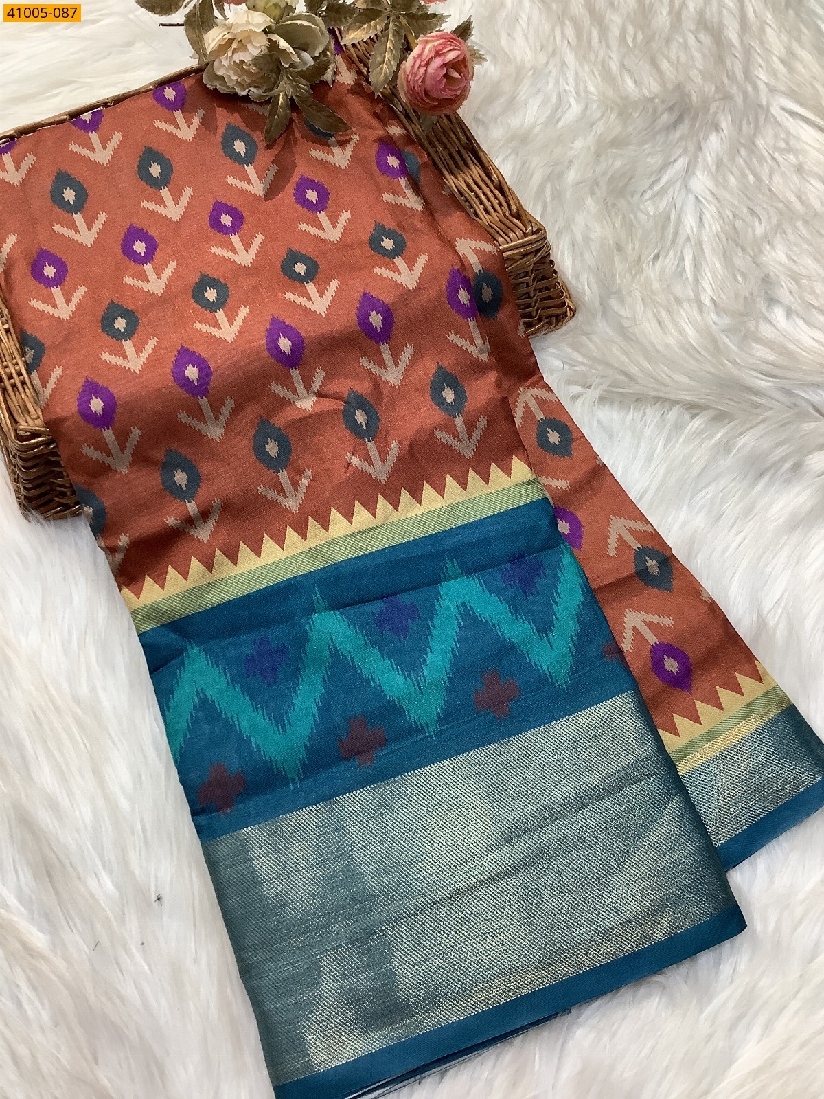 Orange Pochampally Printed Dola Silk Saree
