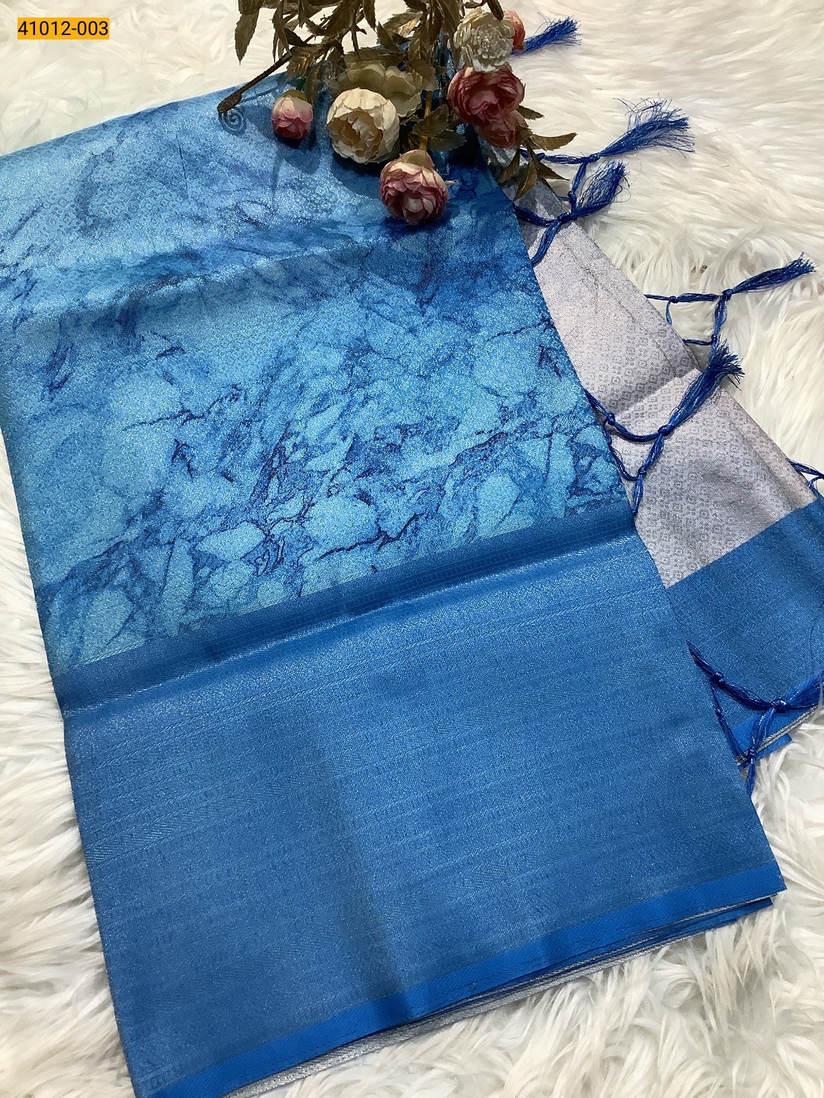 Blue With Gray Digital Print Banarasi Soft Silk Saree