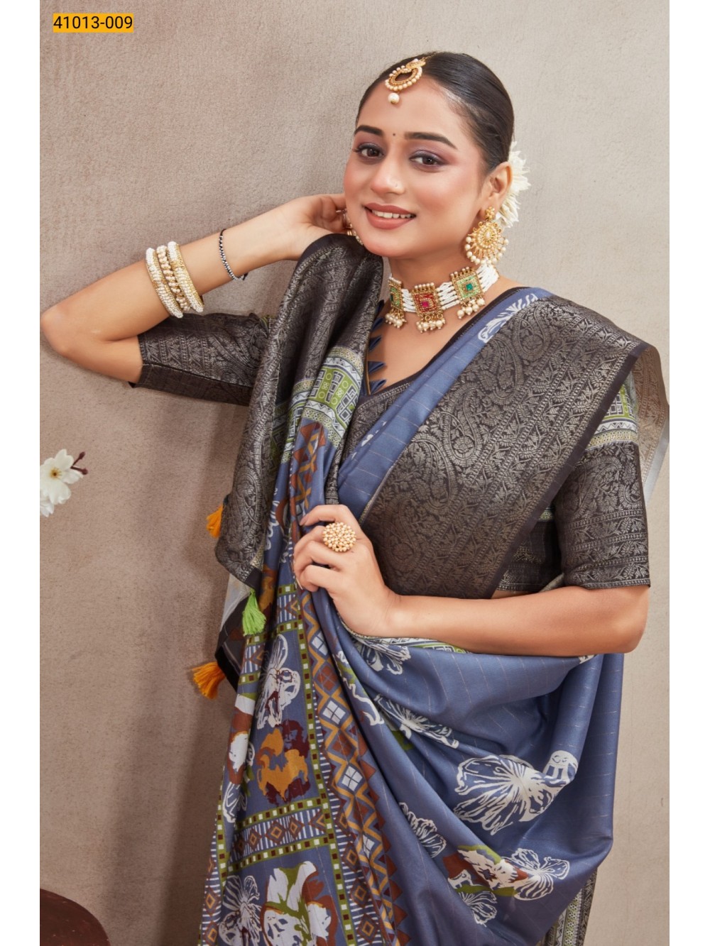 Gray  Moss Crepe Silk Saree