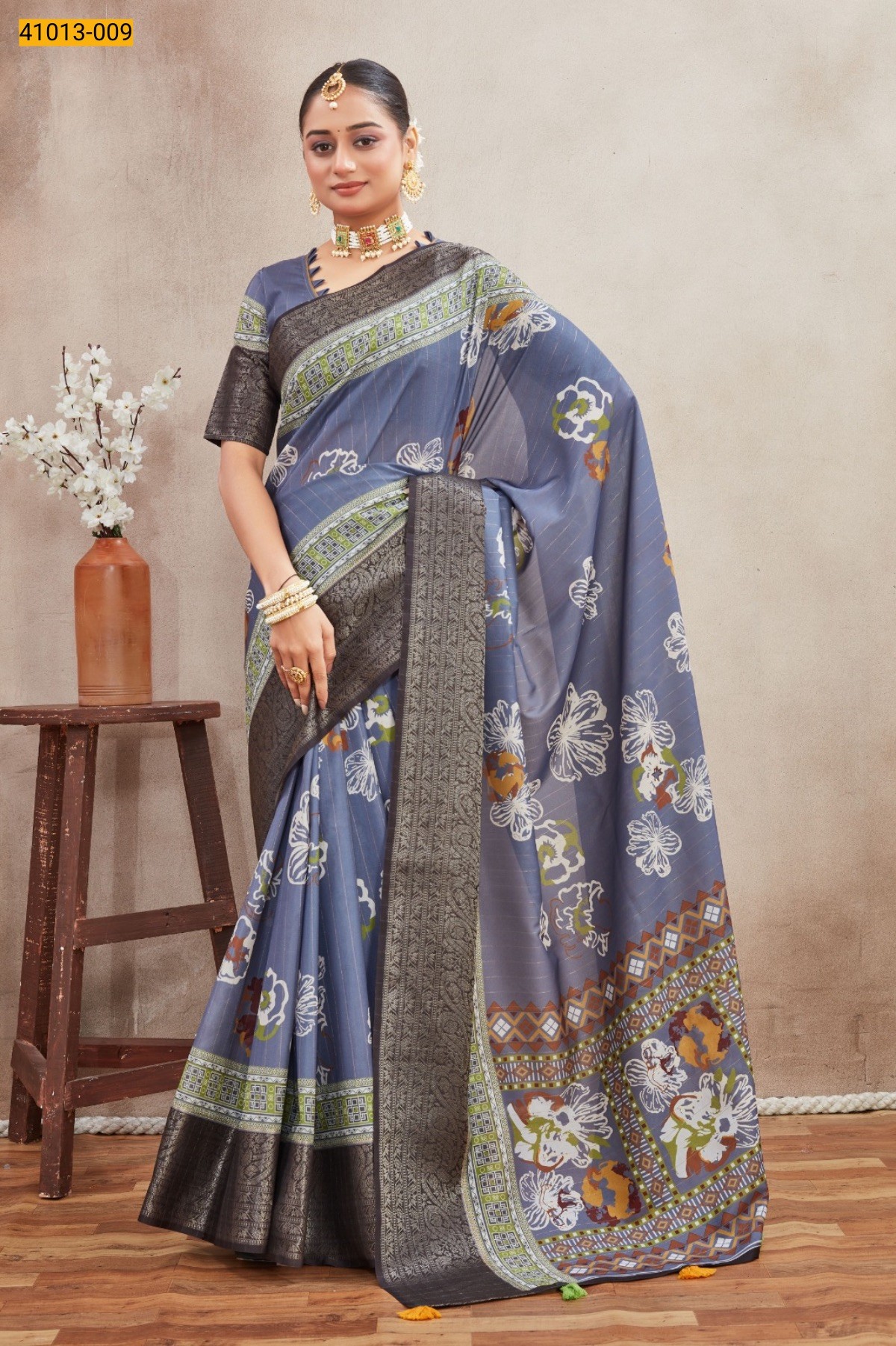 Gray  Moss Crepe Silk Saree