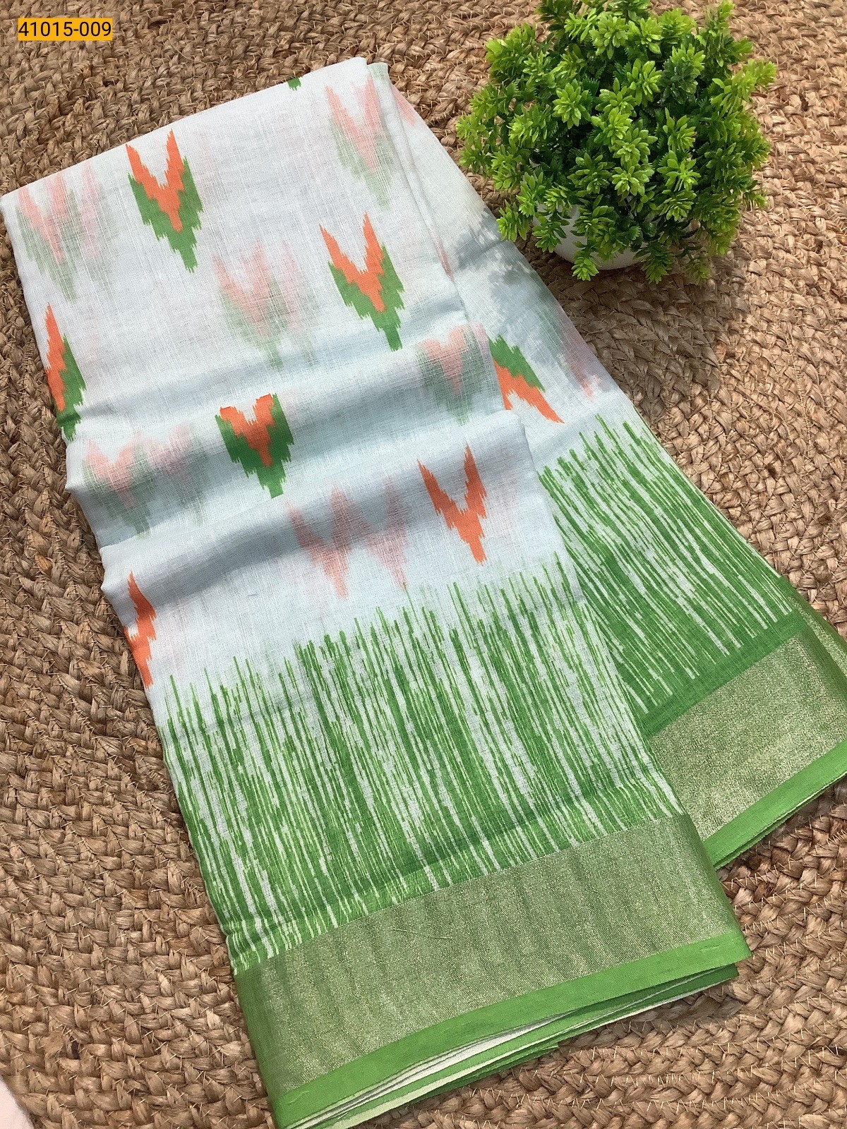 Green Linen Digital Print Cotton Sarees