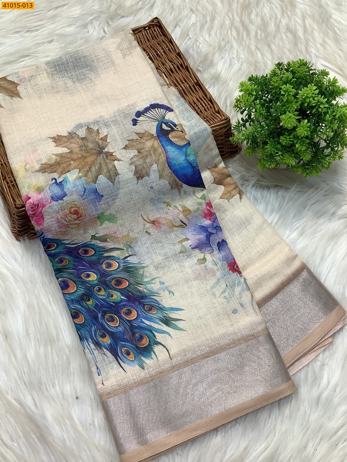 Beige Linen Digital Print Cotton Sarees