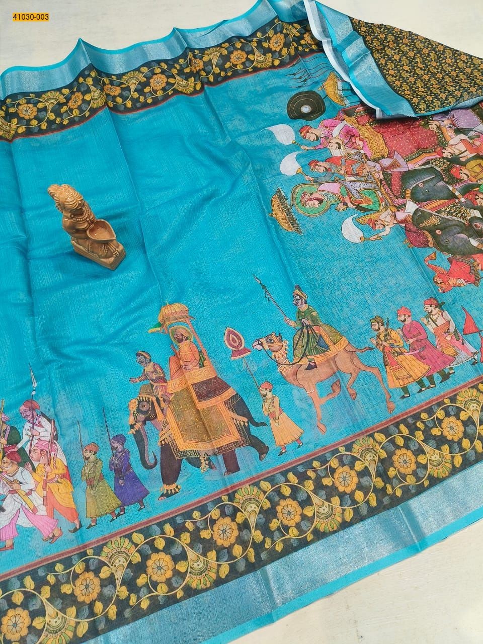 Sky blue Linen cotton printed sarees