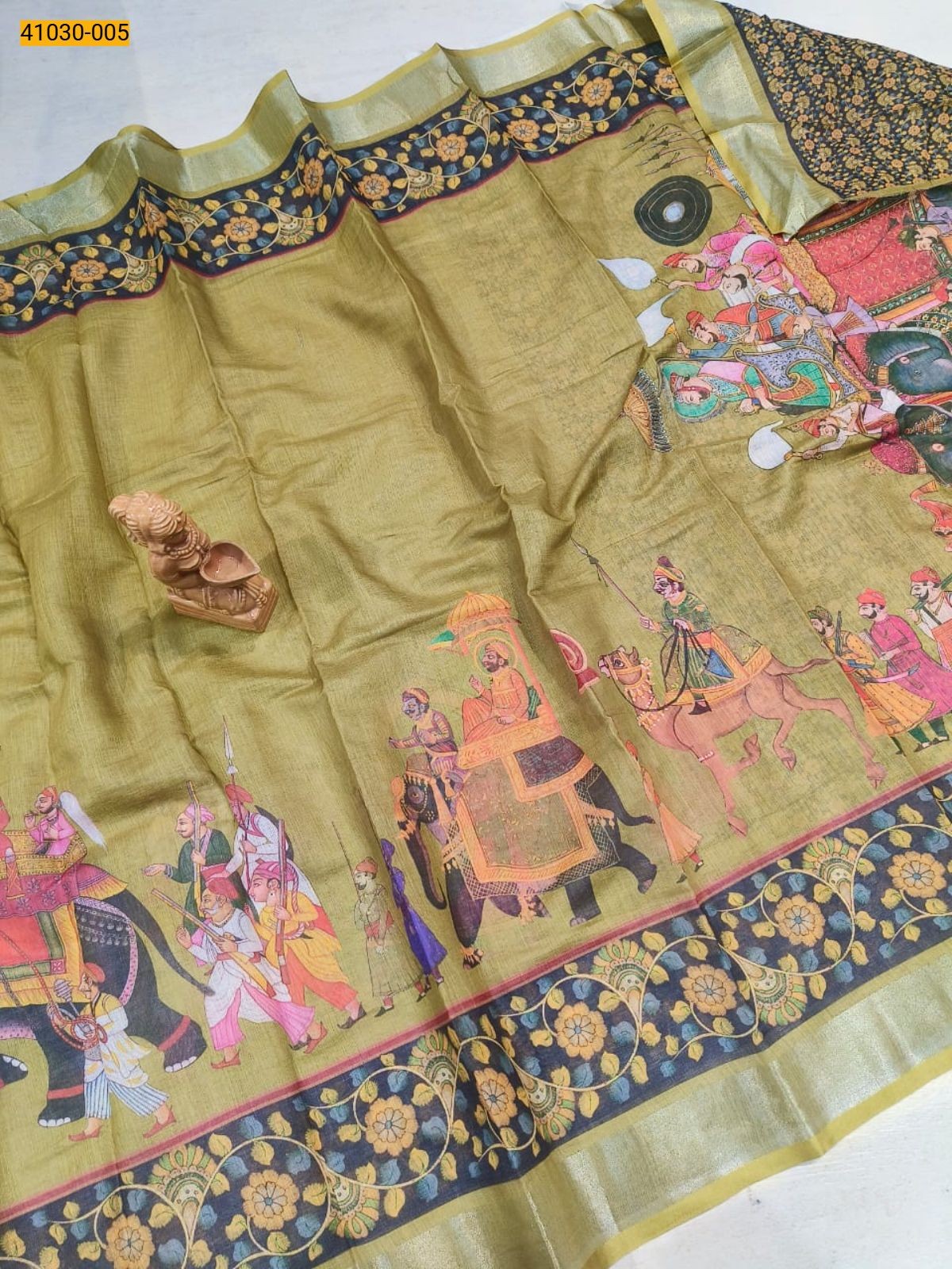 Olive green Linen cotton printed sarees