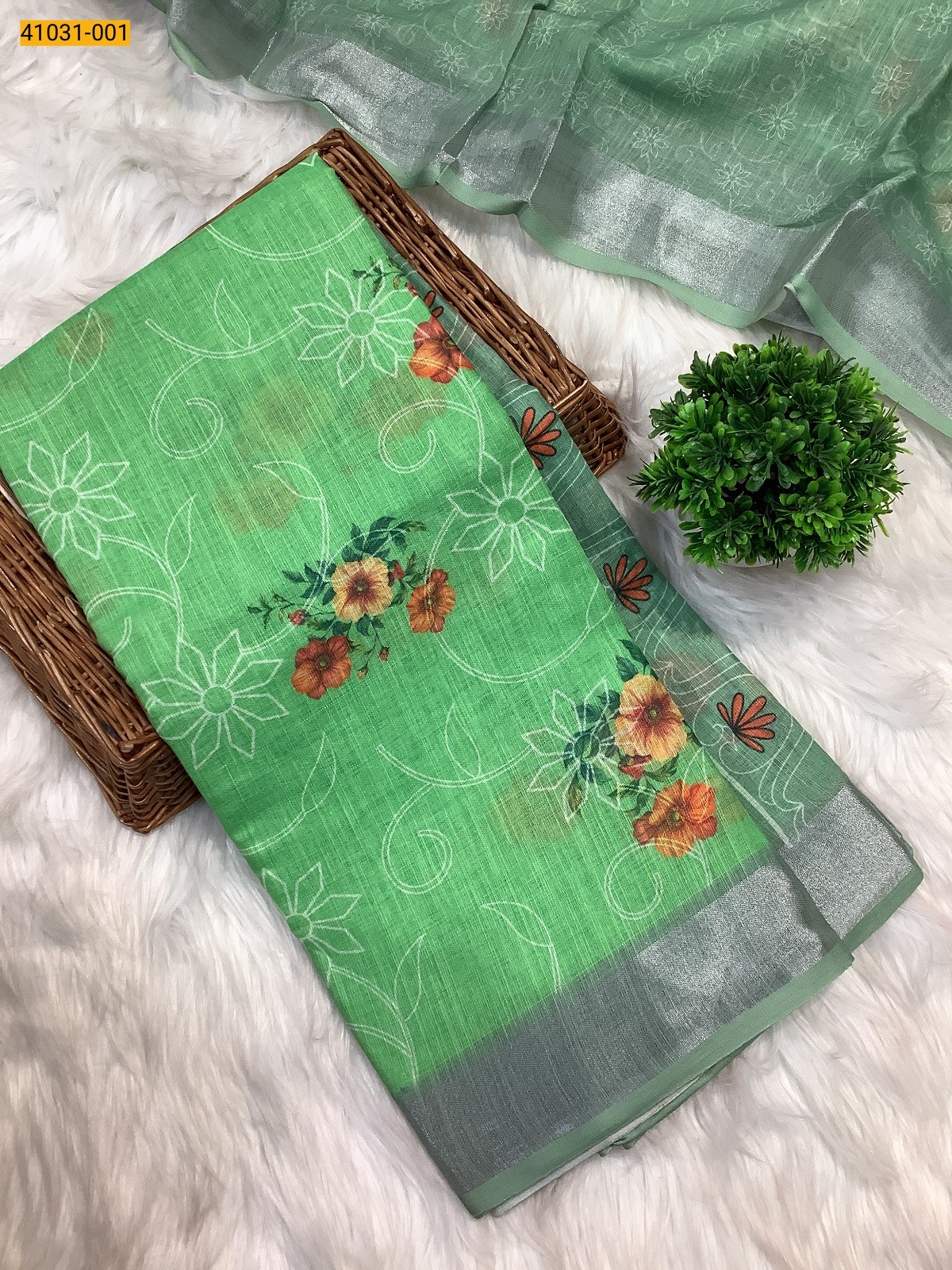 Green Linen Cotton Saree