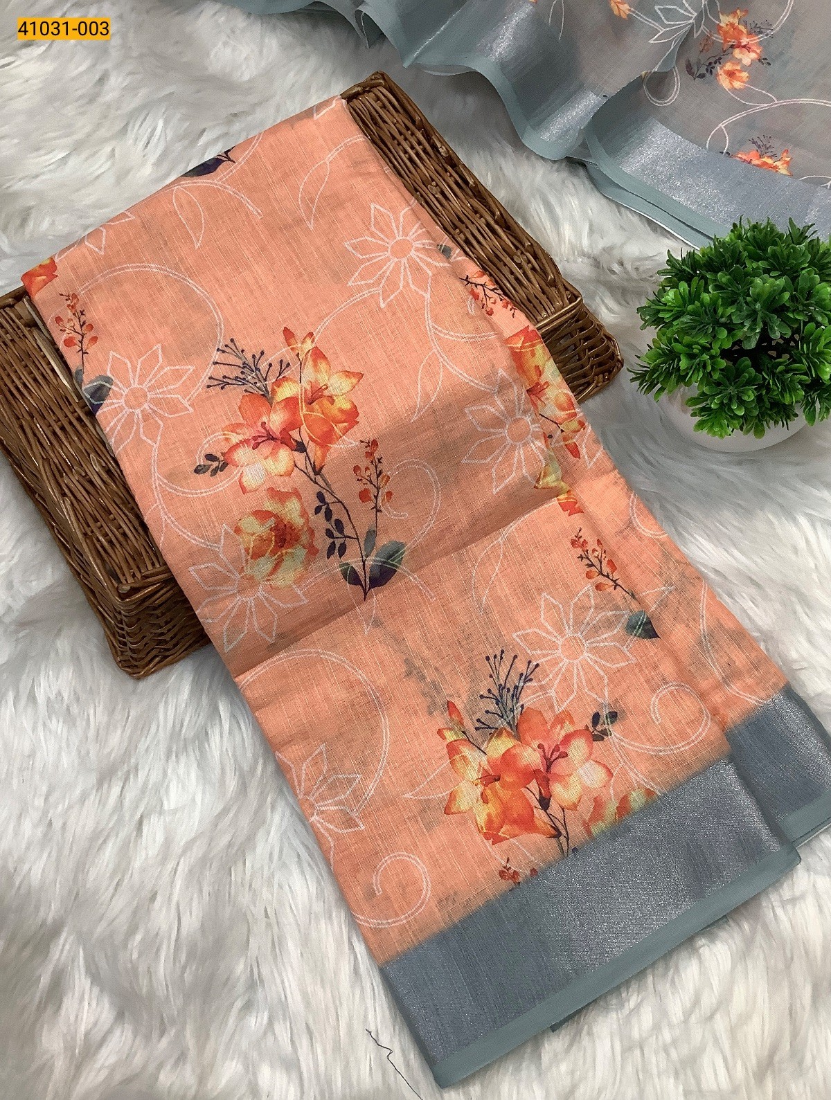 Orange Linen Cotton Saree