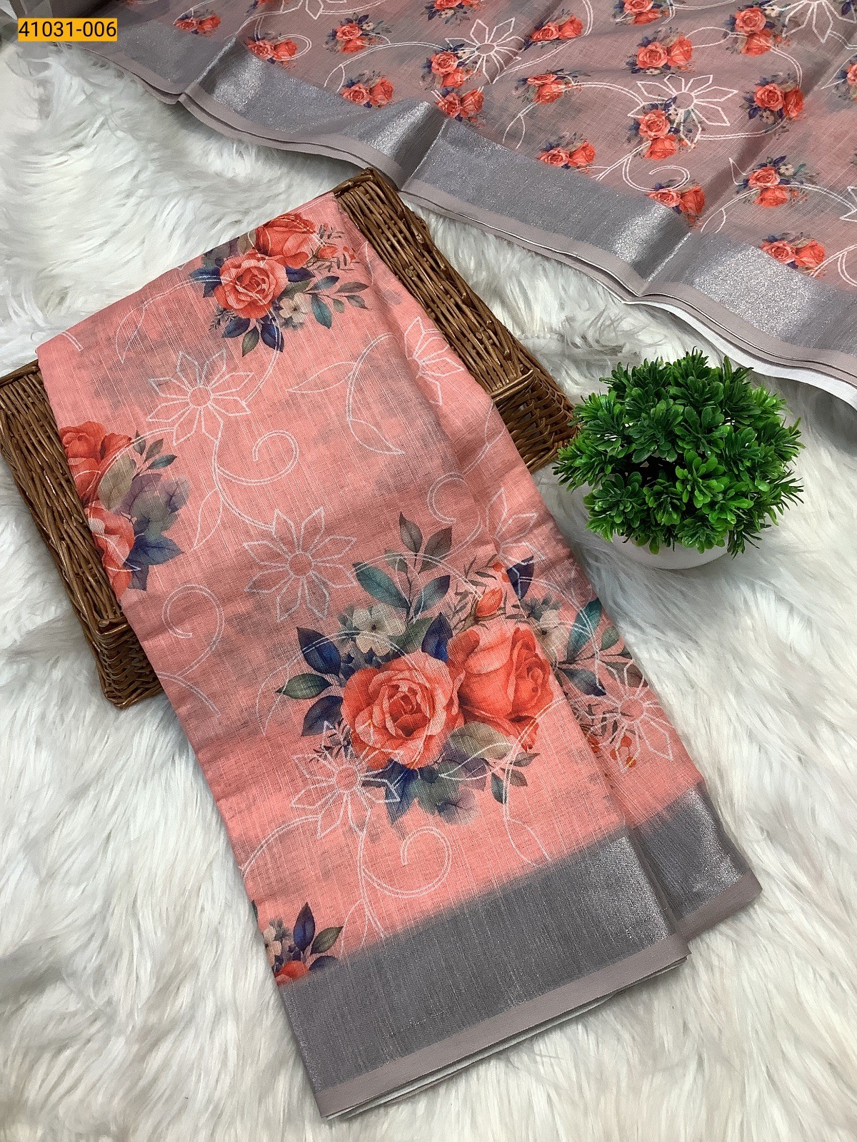 Light Orange Linen Cotton Saree
