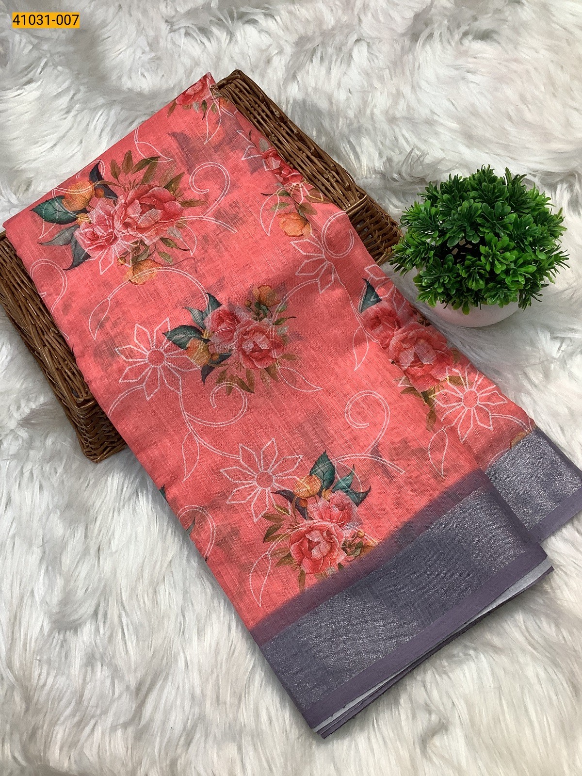 Dark Orange Linen Cotton Saree