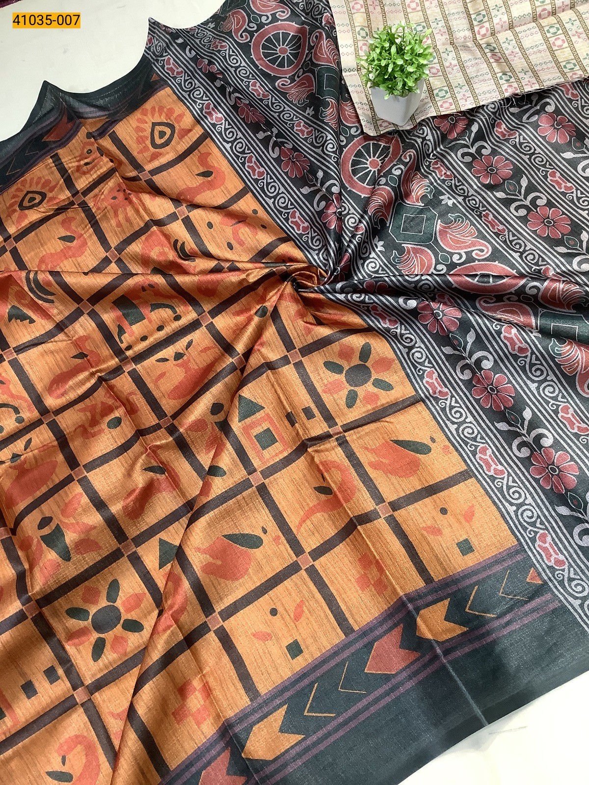 Orange Linen cotton printed sarees