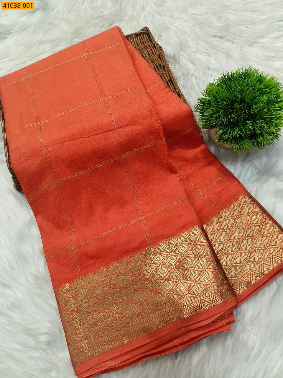 Orange Viscose Warm Crepe Silk checked Saree