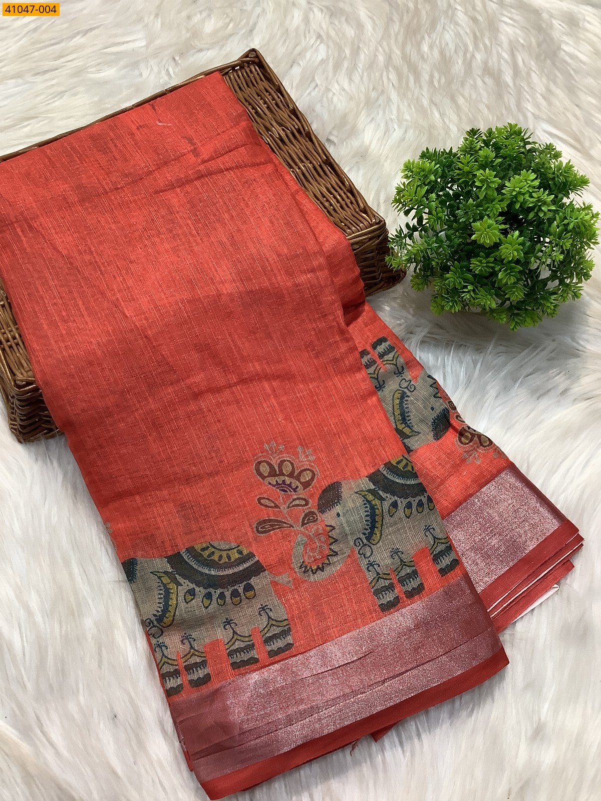 Orange Fancy linen cotton sarees