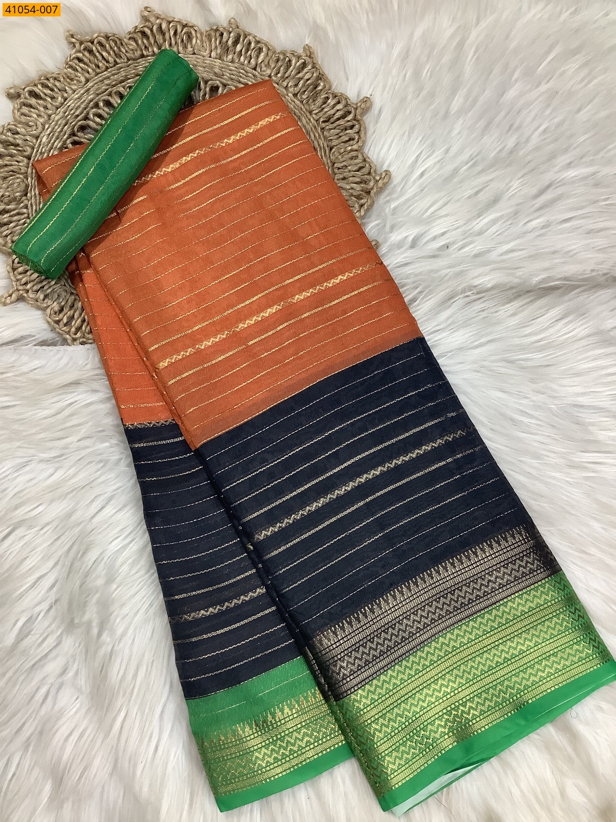 Orange With Navy Blue Fancy mysore warm silk saree